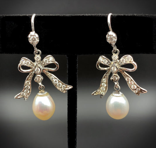 Antique 9K, Silver, Pearl Drop & Paste Diamond Bow Earrings