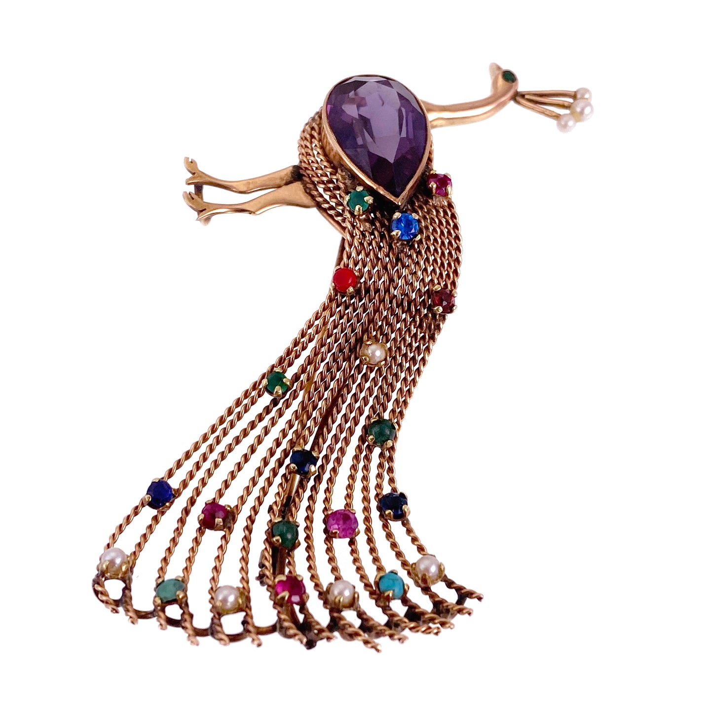 Vintage 14K, Sapphire & Multi Gem Peacock Brooch