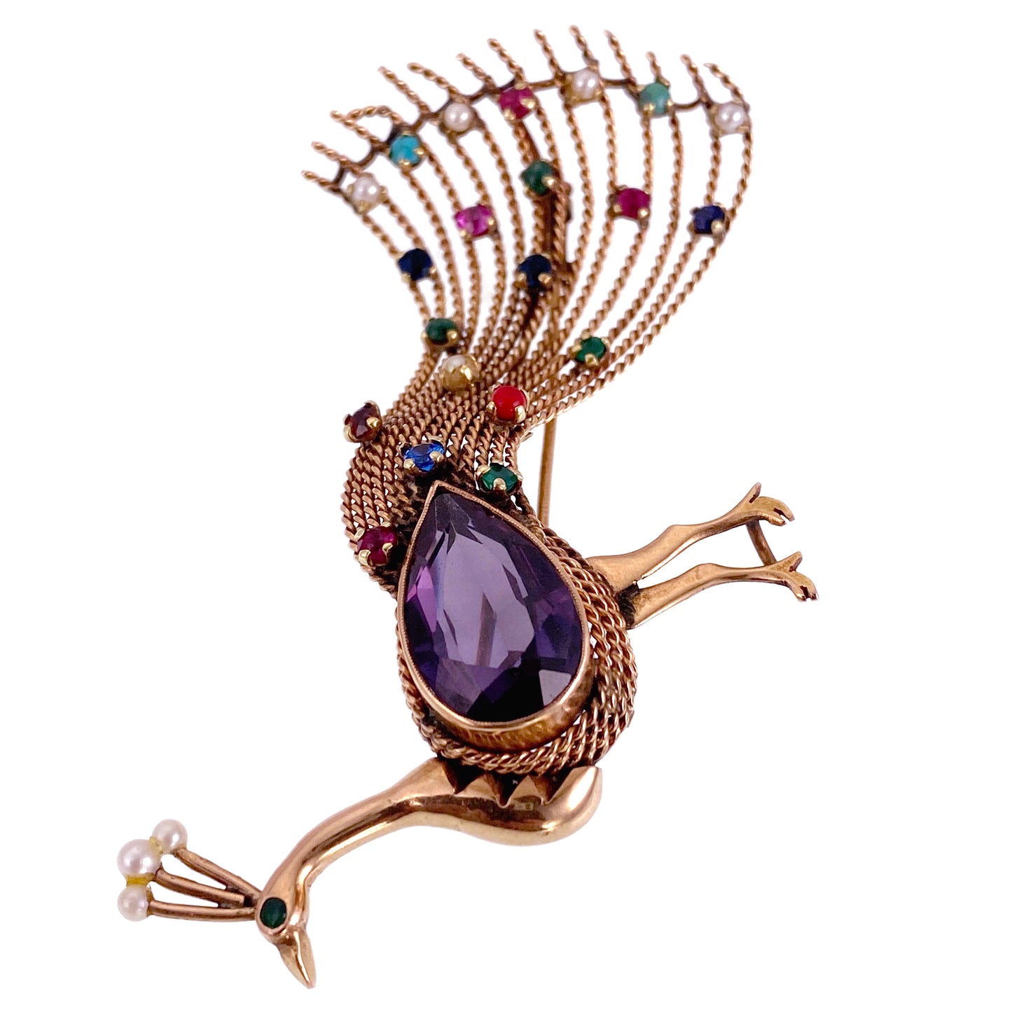 Vintage 14K, Sapphire & Multi Gem Peacock Brooch