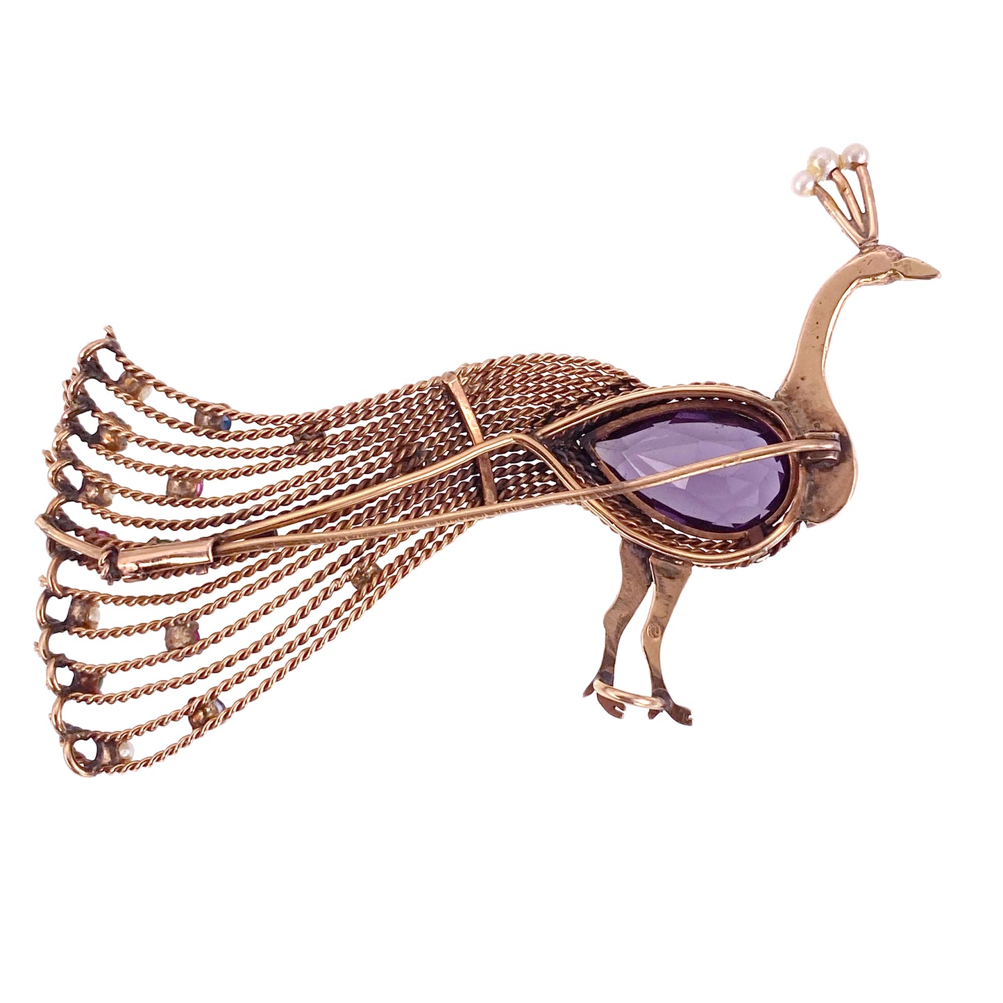 Vintage 14K, Sapphire & Multi Gem Peacock Brooch