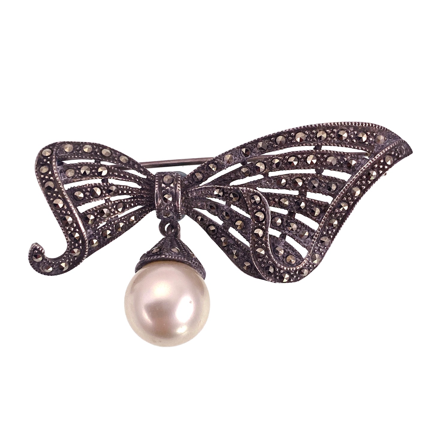 SOLD Vintage Deco Style Silver, Marcasite & Faux Pearl Bow Brooch