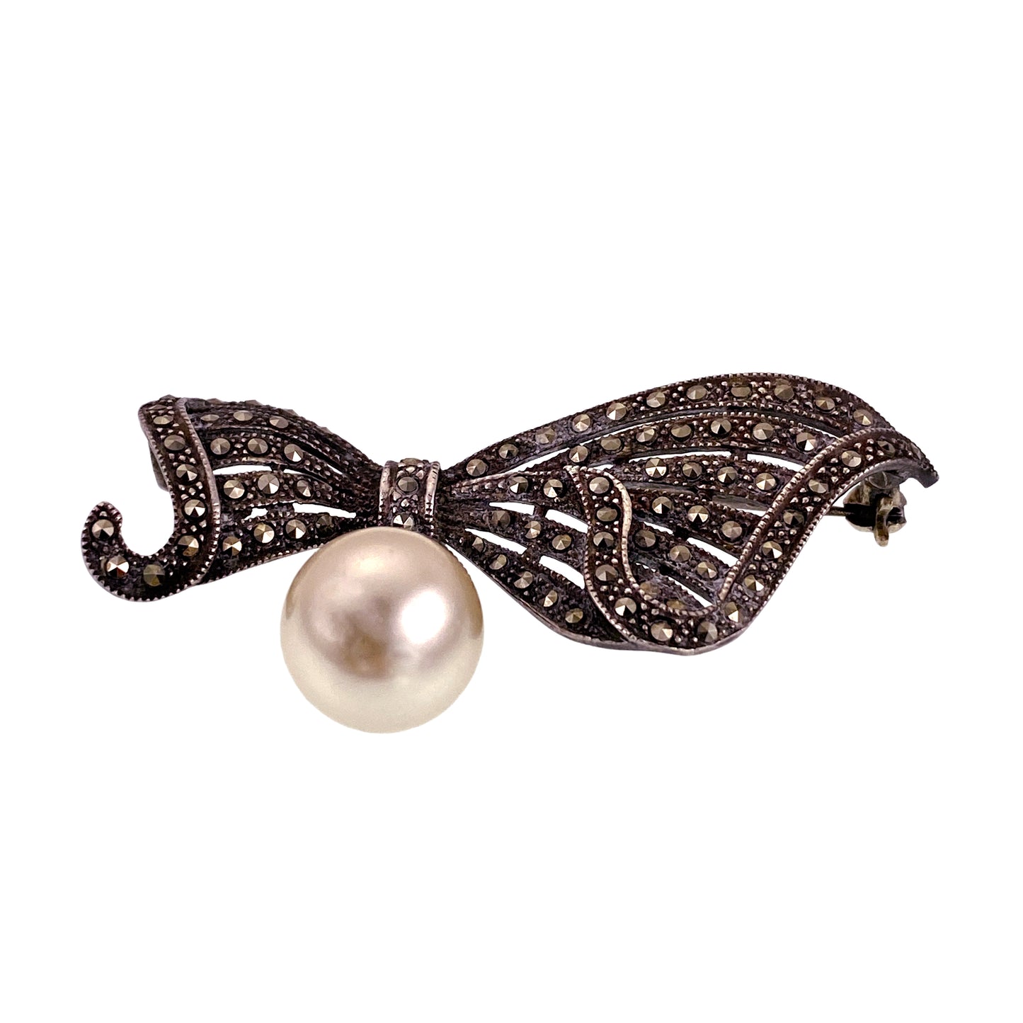 SOLD Vintage Deco Style Silver, Marcasite & Faux Pearl Bow Brooch