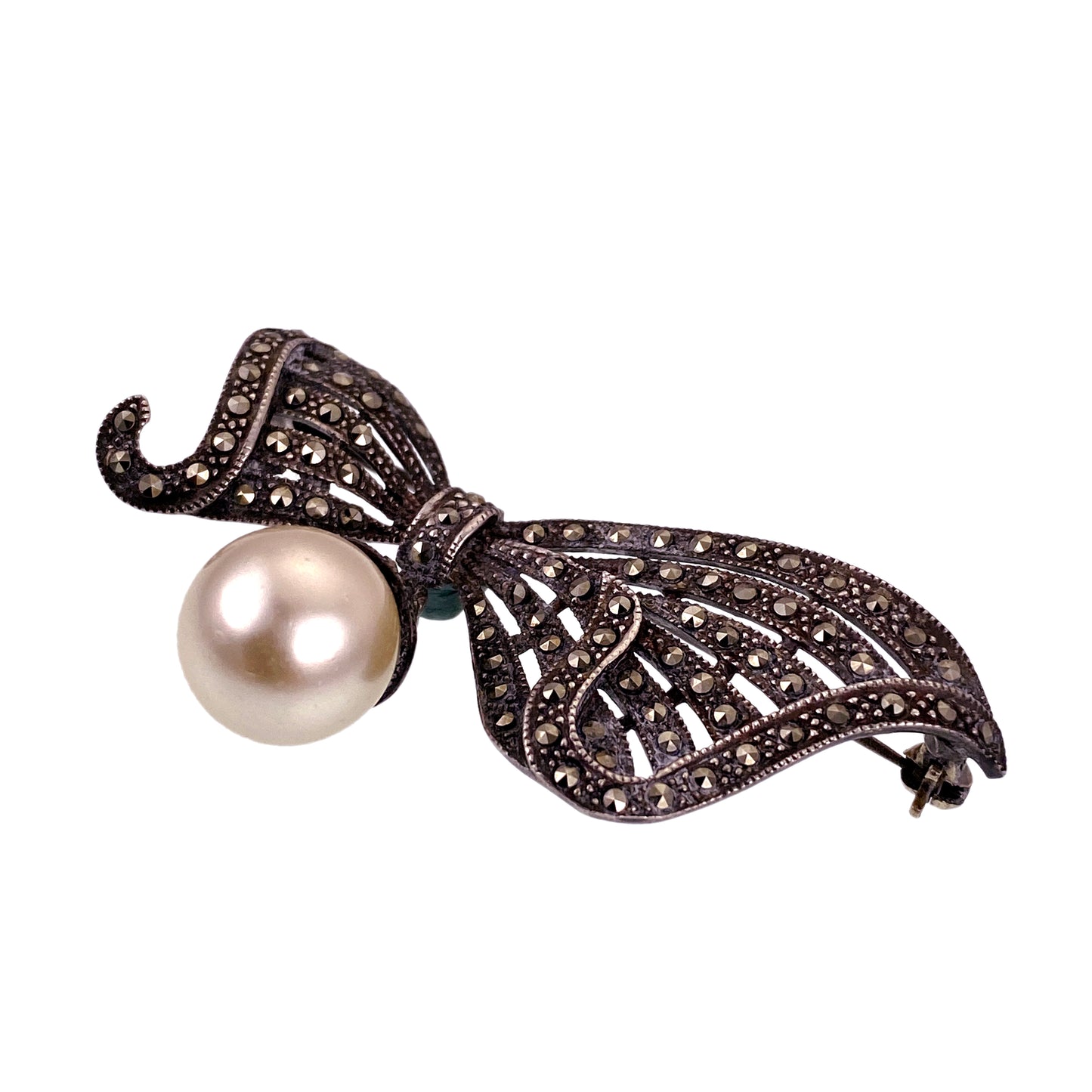 SOLD Vintage Deco Style Silver, Marcasite & Faux Pearl Bow Brooch