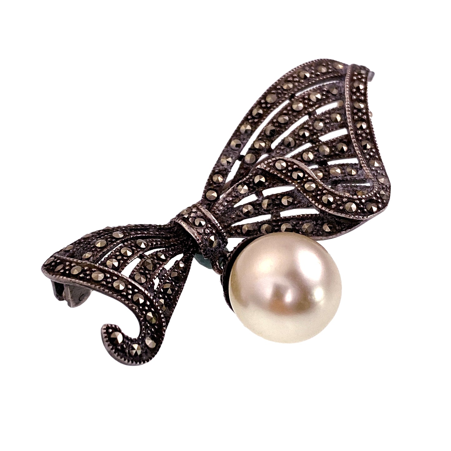 SOLD Vintage Deco Style Silver, Marcasite & Faux Pearl Bow Brooch