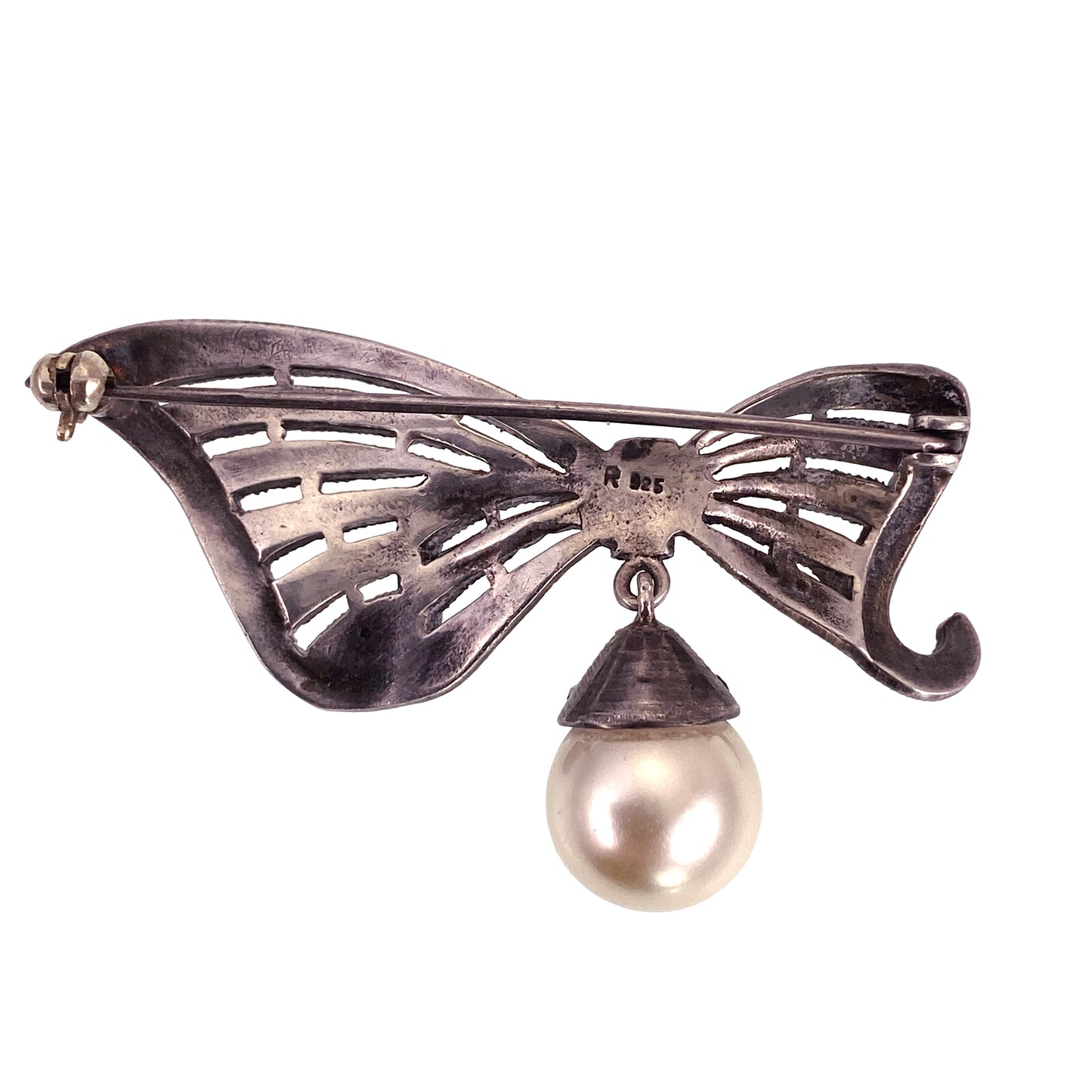 SOLD Vintage Deco Style Silver, Marcasite & Faux Pearl Bow Brooch