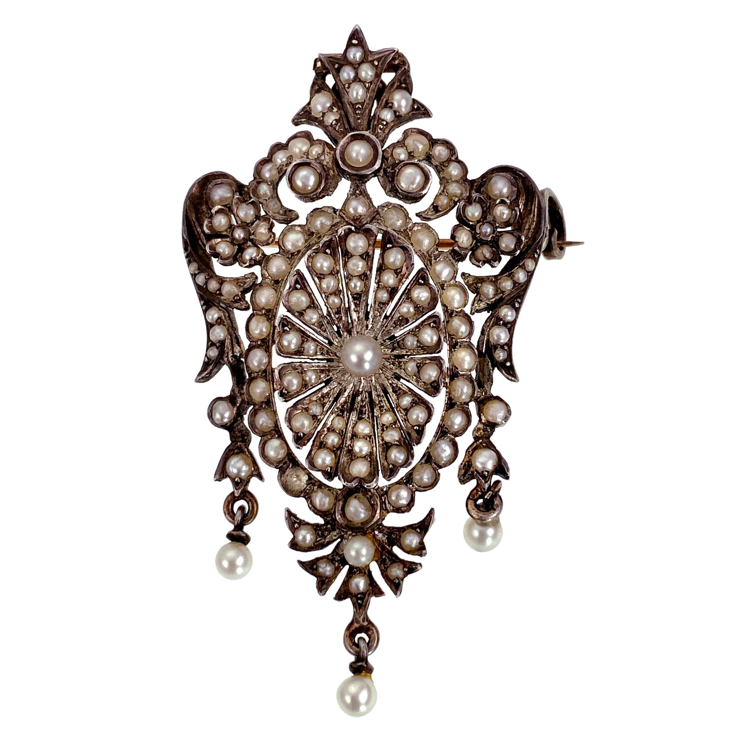 Antique French Silver & 18K Gold, Seed Pearl Brooch/Pendant