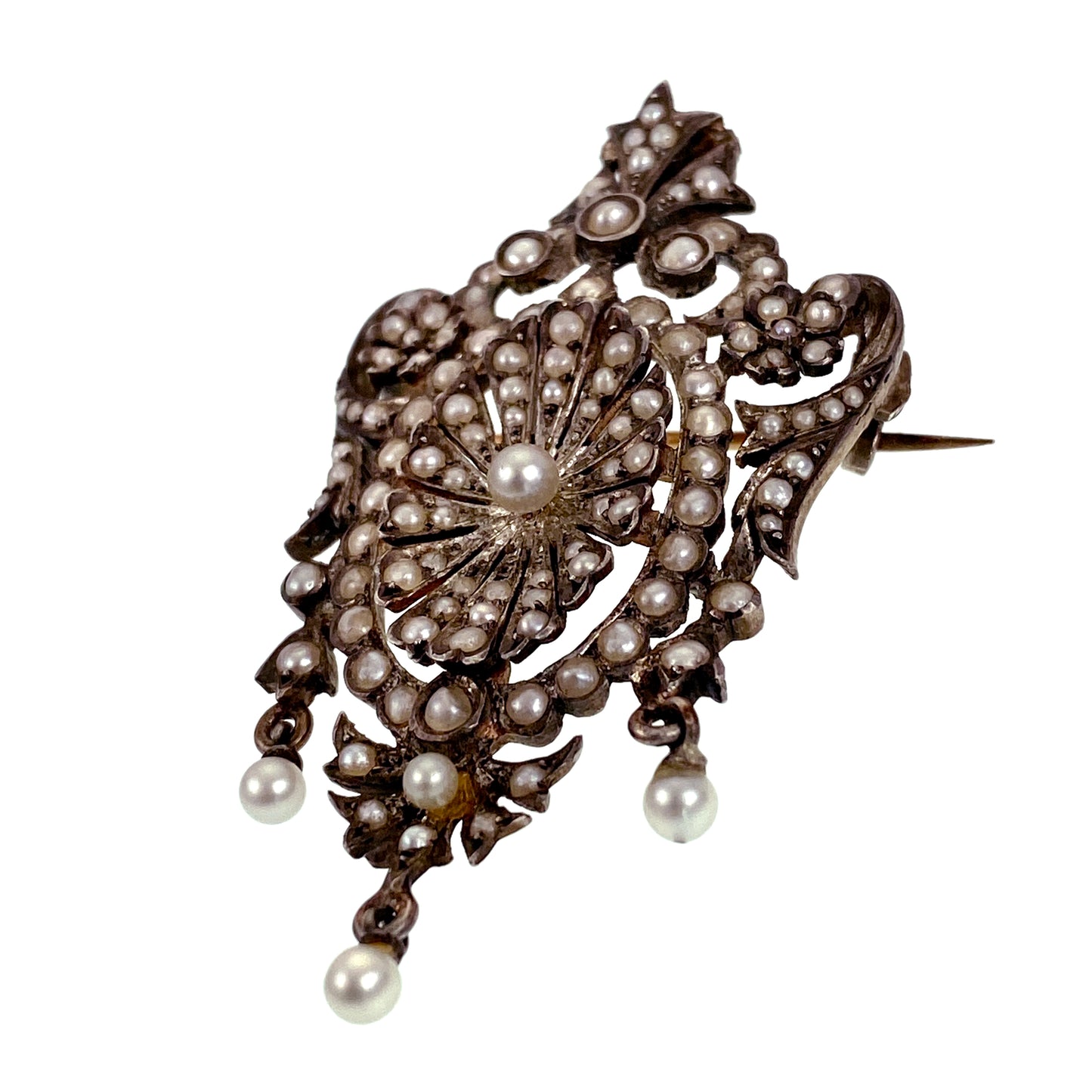 Antique French Silver & 18K Gold, Seed Pearl Brooch/Pendant