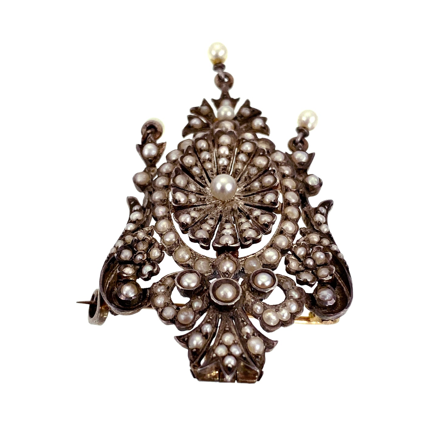 Antique French Silver & 18K Gold, Seed Pearl Brooch/Pendant