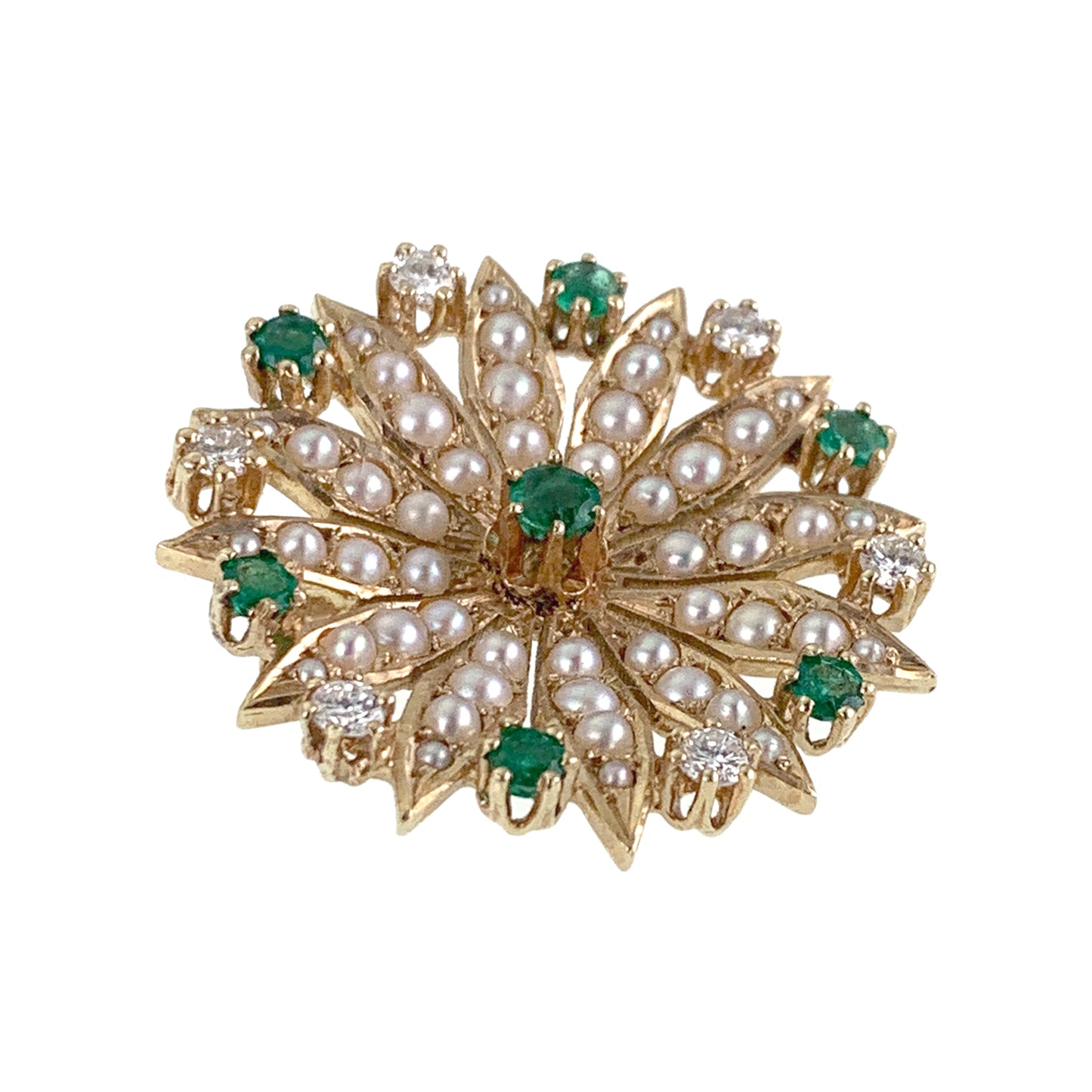 Vintage 14K, Diamond, Emerald & Seed Pearl Brooch/Pendant