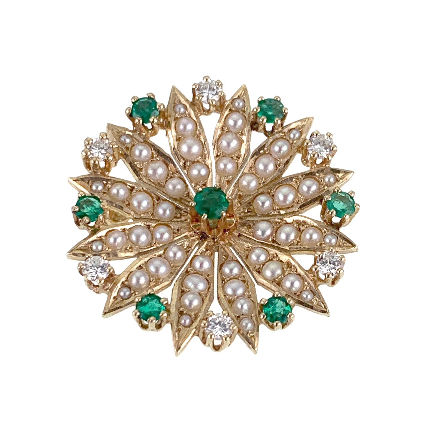 Vintage 14K, Diamond, Emerald & Seed Pearl Brooch/Pendant
