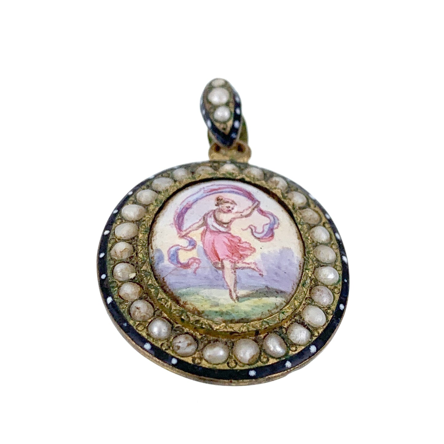 SOLD Antique French Pinchbeck, Seed Pearl, Enamel & Hand Painted Dancing Lady Pendant