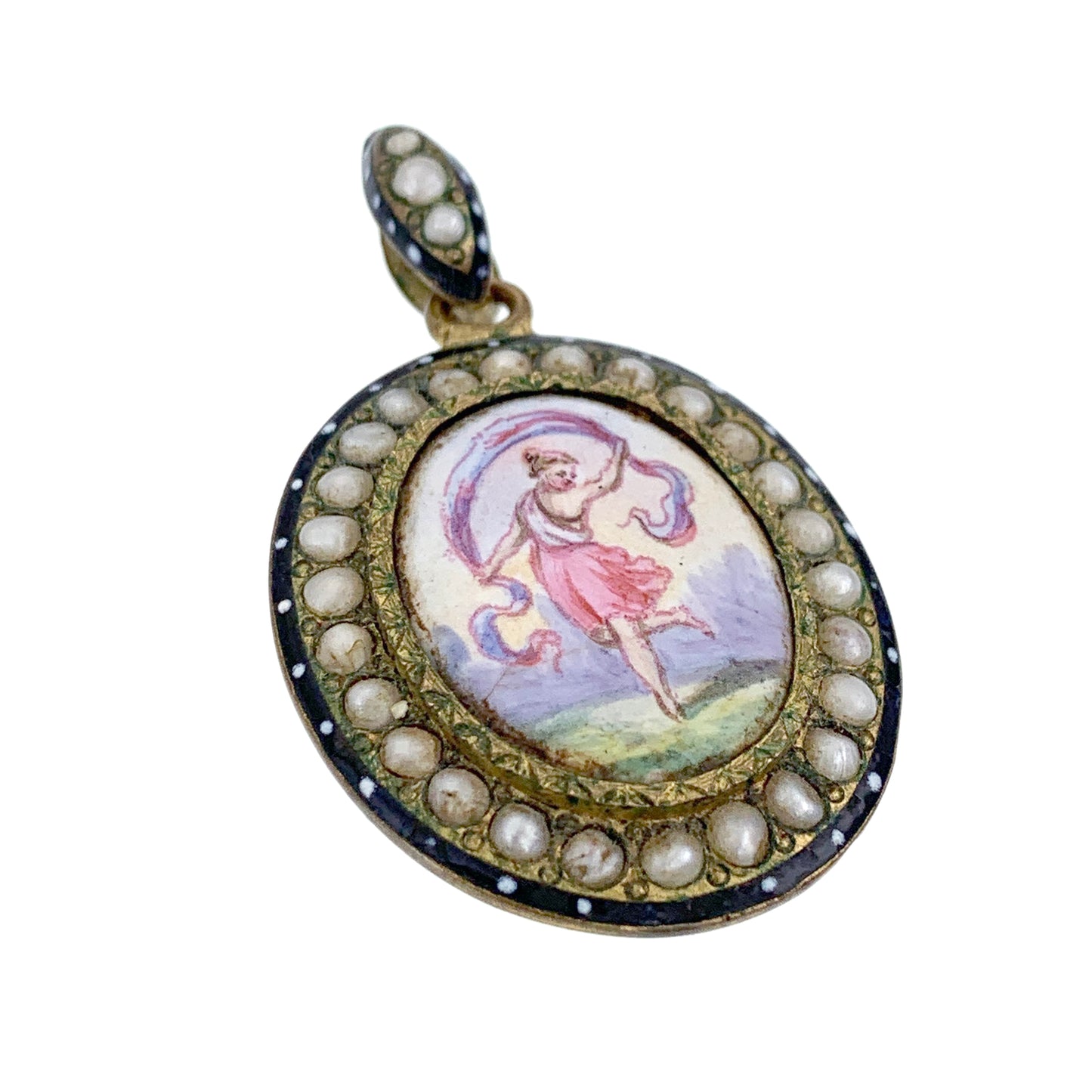 SOLD Antique French Pinchbeck, Seed Pearl, Enamel & Hand Painted Dancing Lady Pendant