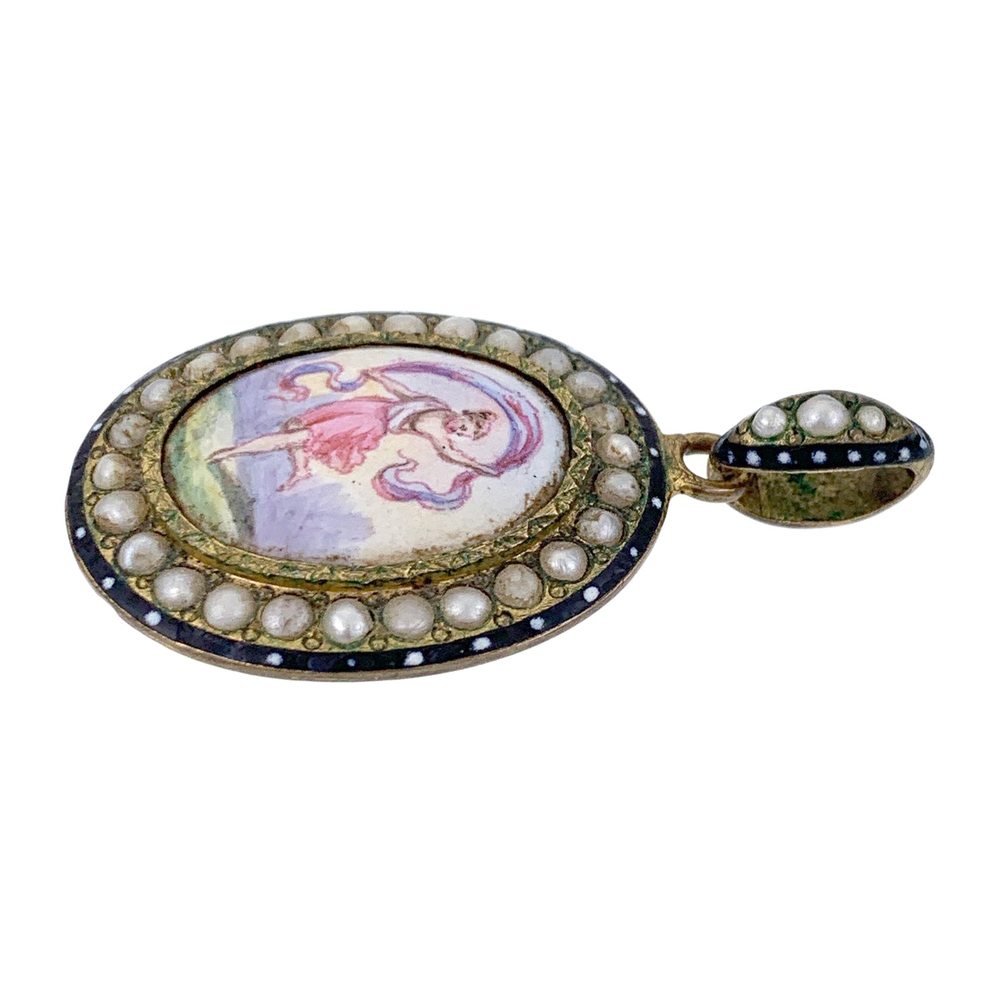 SOLD Antique French Pinchbeck, Seed Pearl, Enamel & Hand Painted Dancing Lady Pendant