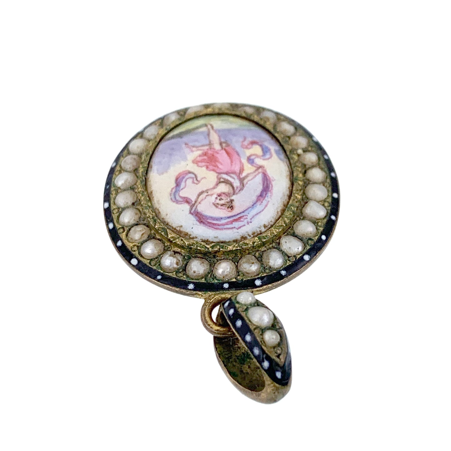 SOLD Antique French Pinchbeck, Seed Pearl, Enamel & Hand Painted Dancing Lady Pendant