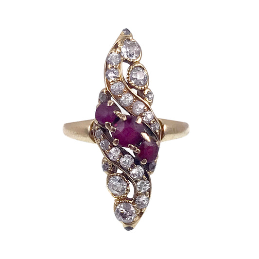 SOLD 18K, Diamond & Ruby Art Nouveau Navette Ring