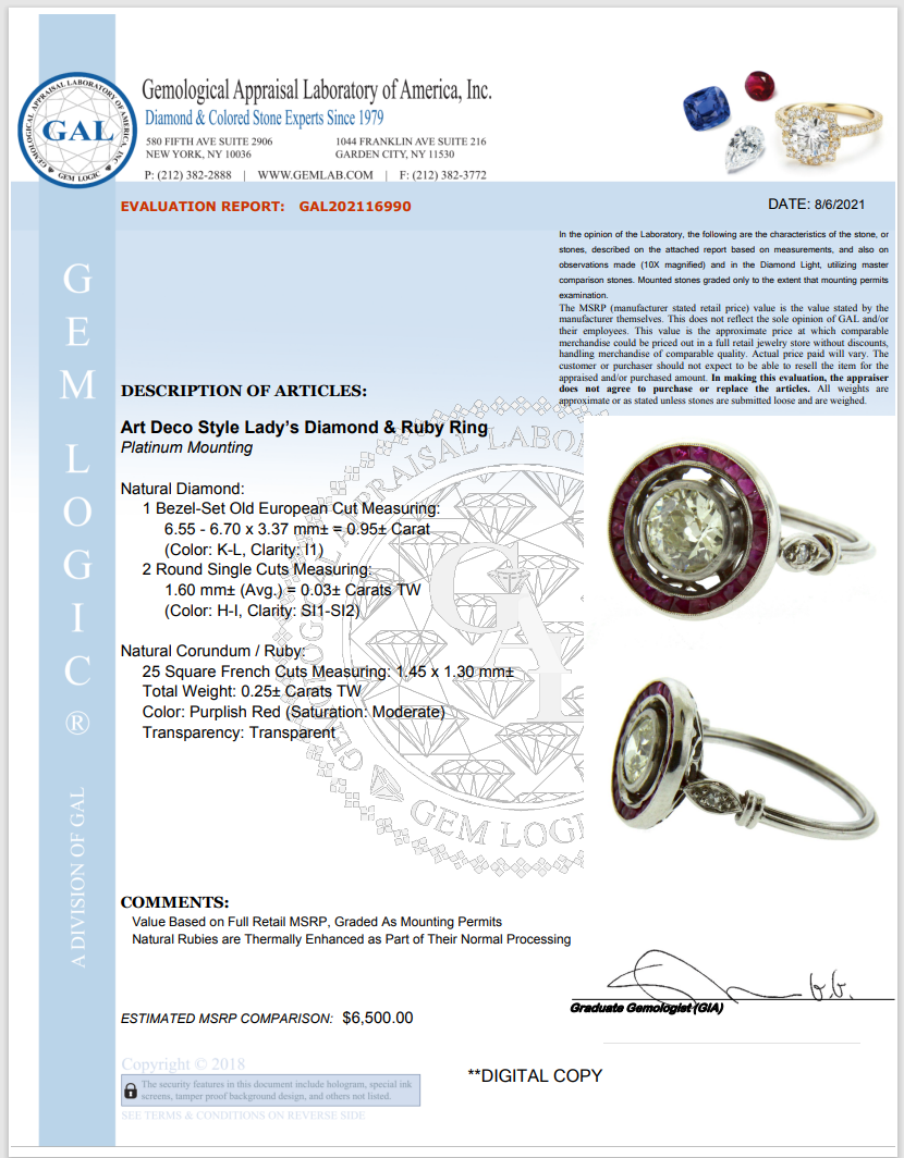 SOLD Late Deco Platinum, Diamond & Ruby Target Ring