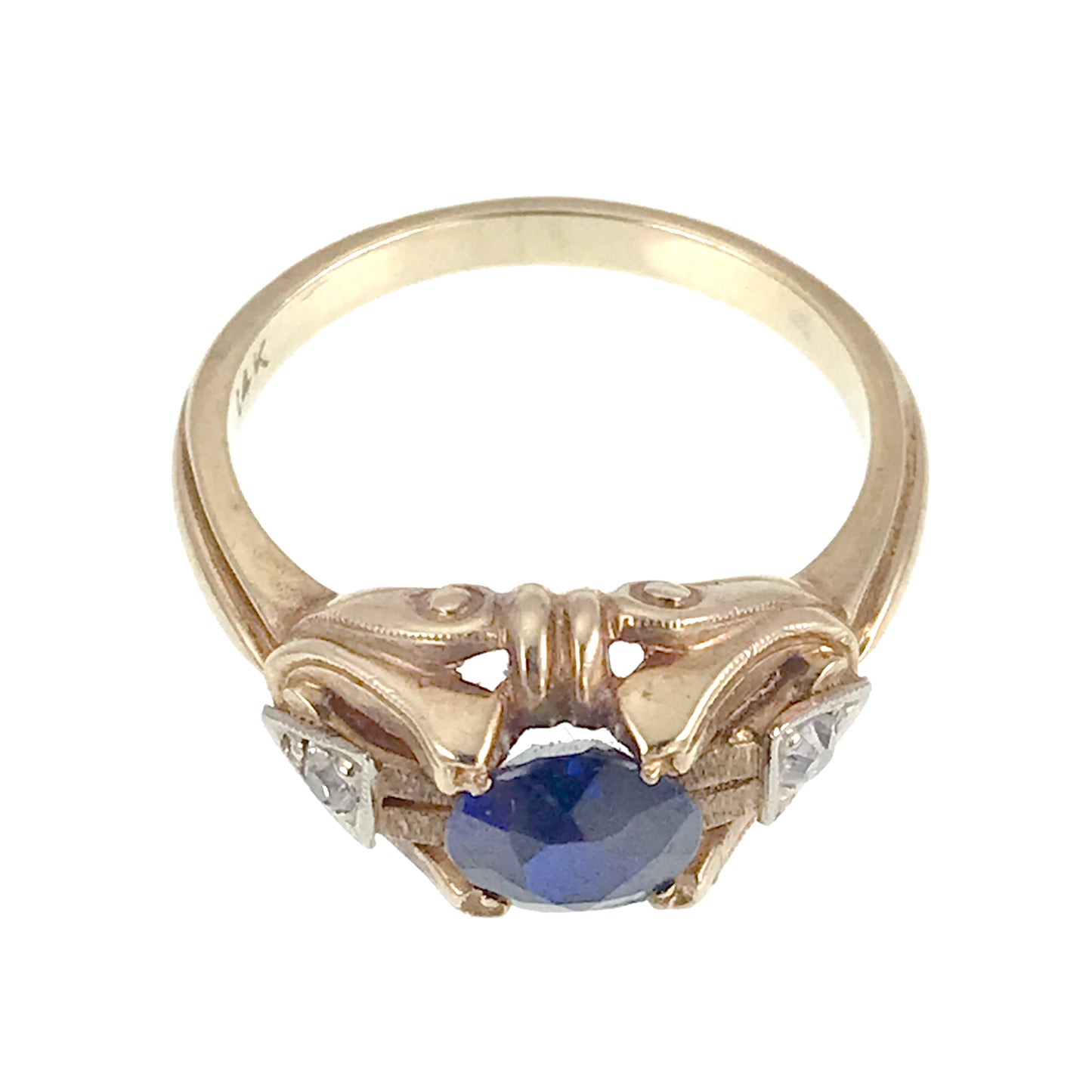 Vintage Art Deco 14K, Sapphire & Diamond Ring