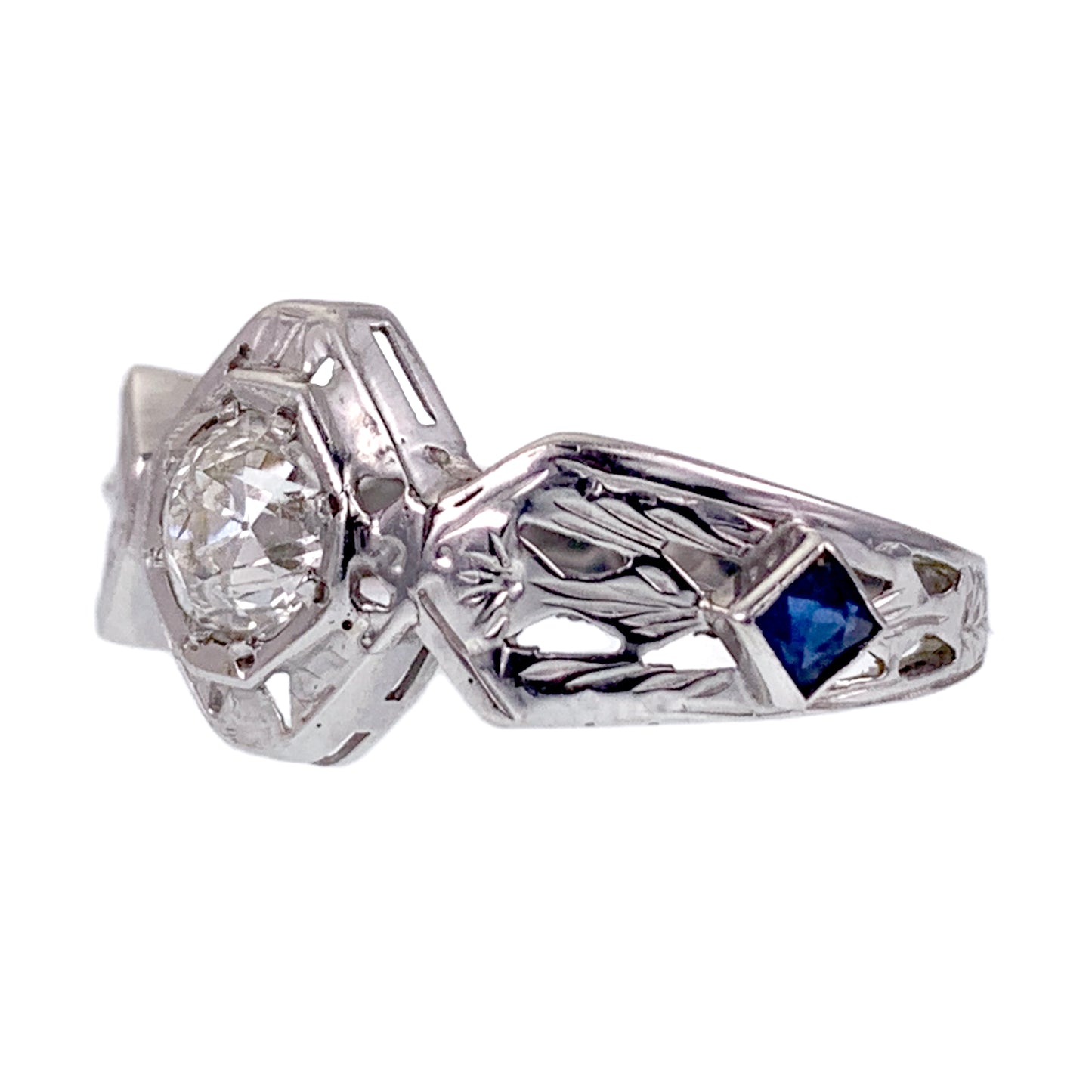 SOLD Art Deco 14K, Diamond & Sapphire Ring