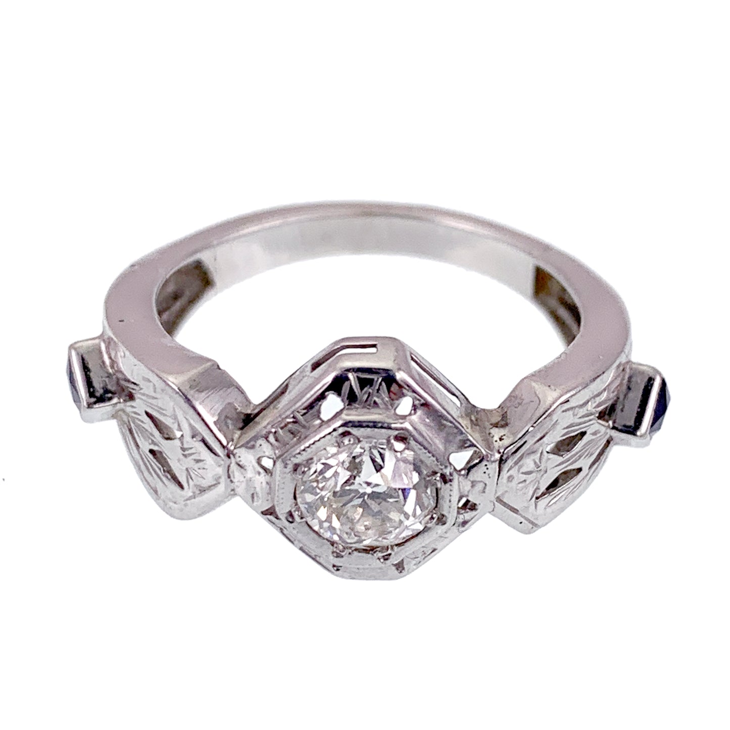 SOLD Art Deco 14K, Diamond & Sapphire Ring