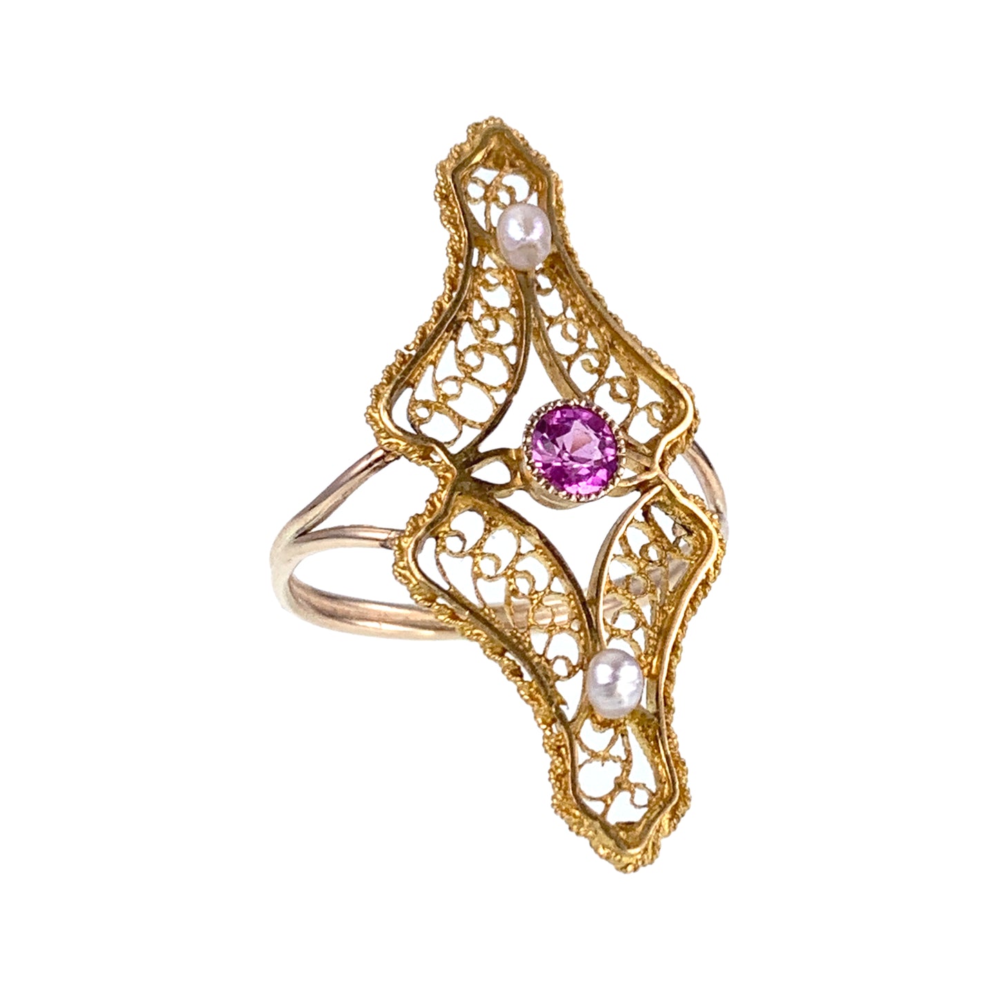 Antique 14K, 10K, Pink Sapphire & Seed Pearl Conversion Ring