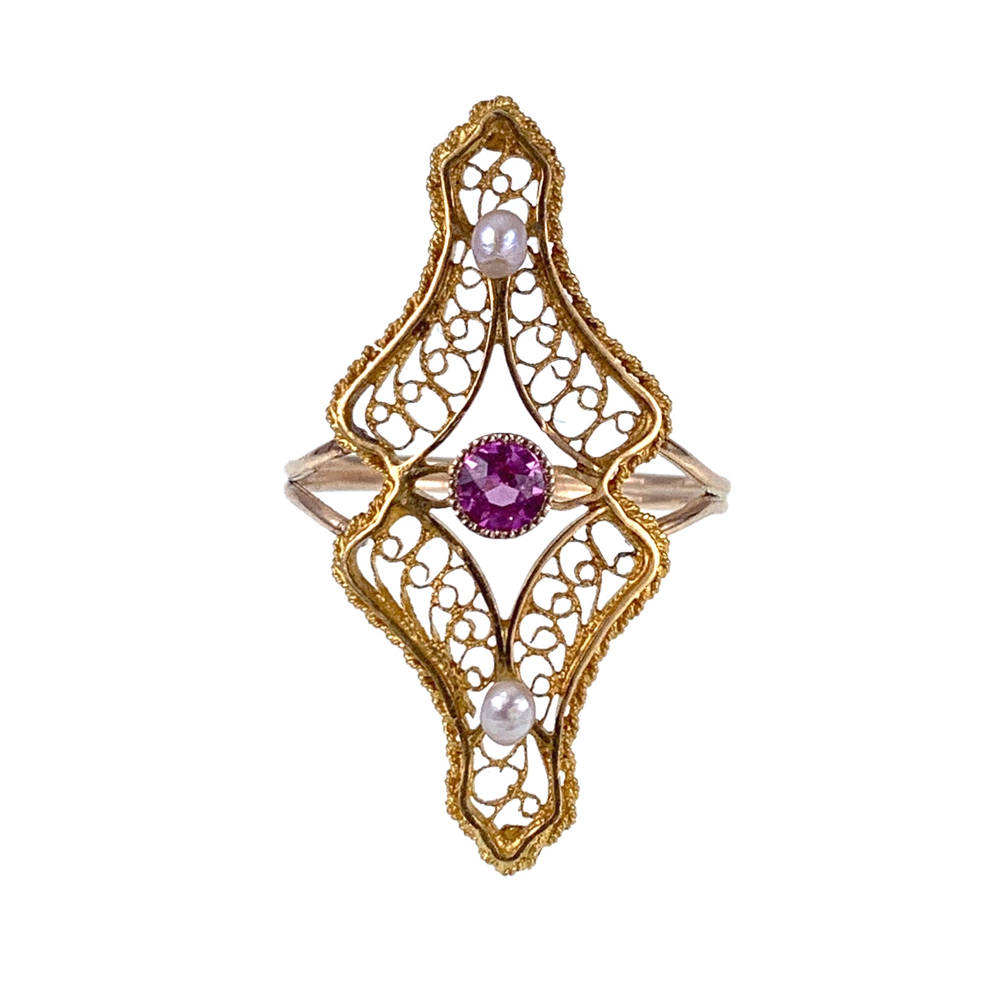 Antique 14K, 10K, Pink Sapphire & Seed Pearl Conversion Ring