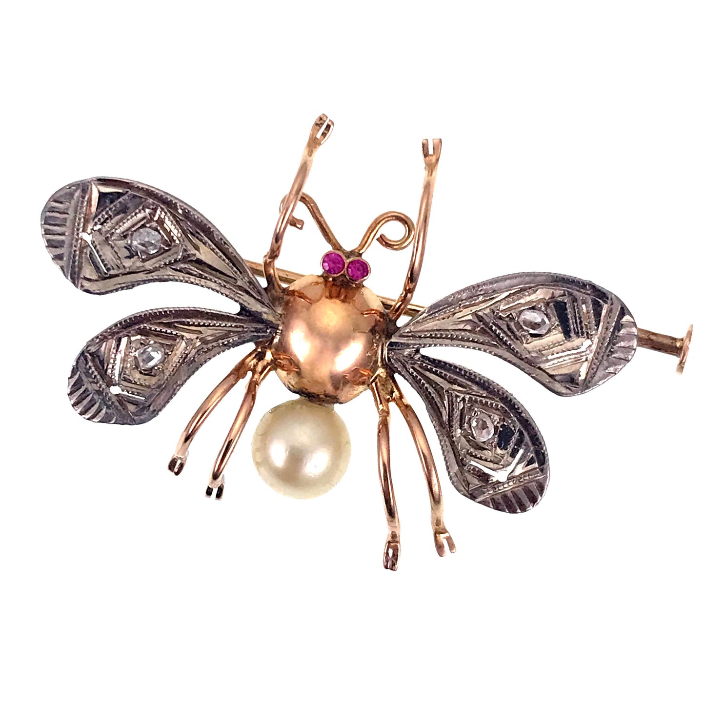 Art Deco 14K, Silver, Diamond, Ruby & Pearl Insect Brooch & Pendant Set