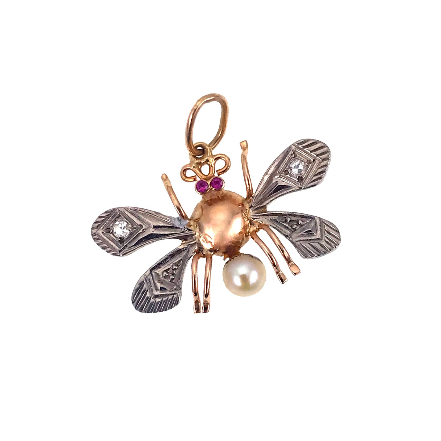 Art Deco 14K, Silver, Diamond, Ruby & Pearl Insect Brooch & Pendant Set