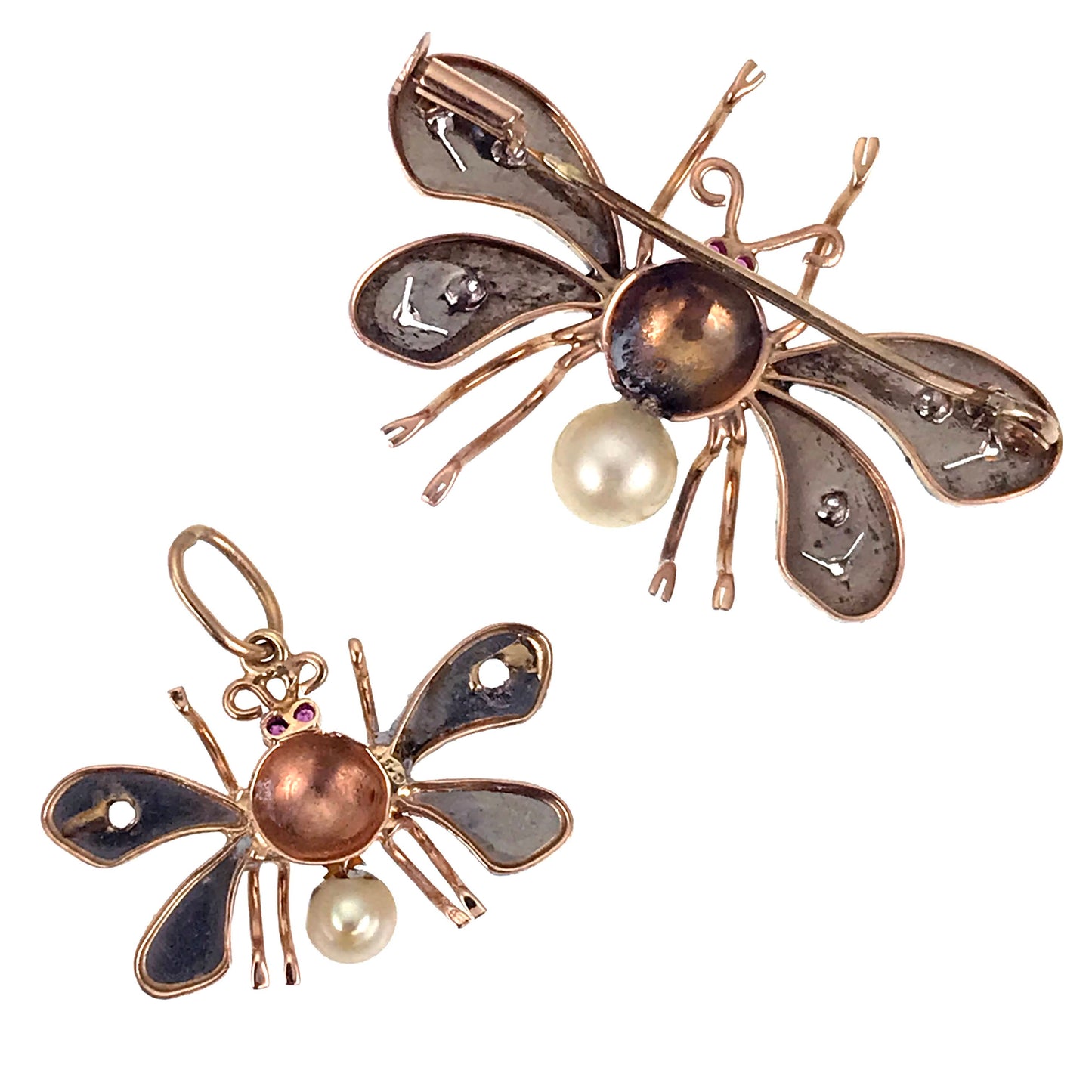 Art Deco 14K, Silver, Diamond, Ruby & Pearl Insect Brooch & Pendant Set