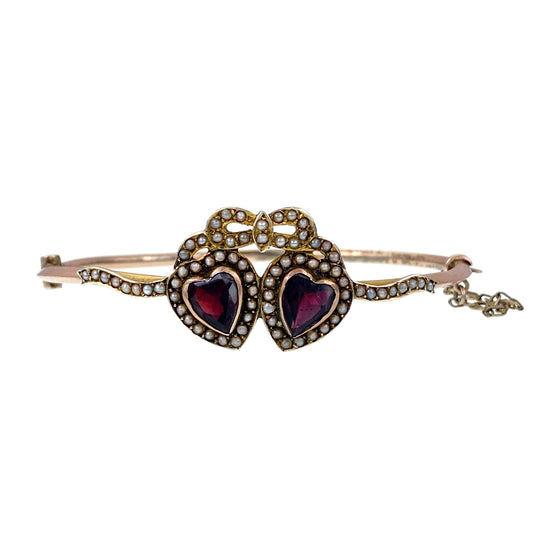 SOLD Antique 9K, Garnet & Seed Pearl Double Heart Bracelet K