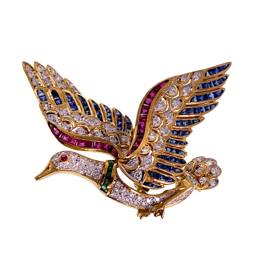 SOLD Vintage 18K, Diamond, Ruby, Sapphire & Emerald Goose En Tremblant Brooch