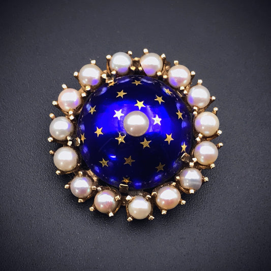 SOLD Antique French 14K, Pearl & Enamel Celestial Brooch/Pendant