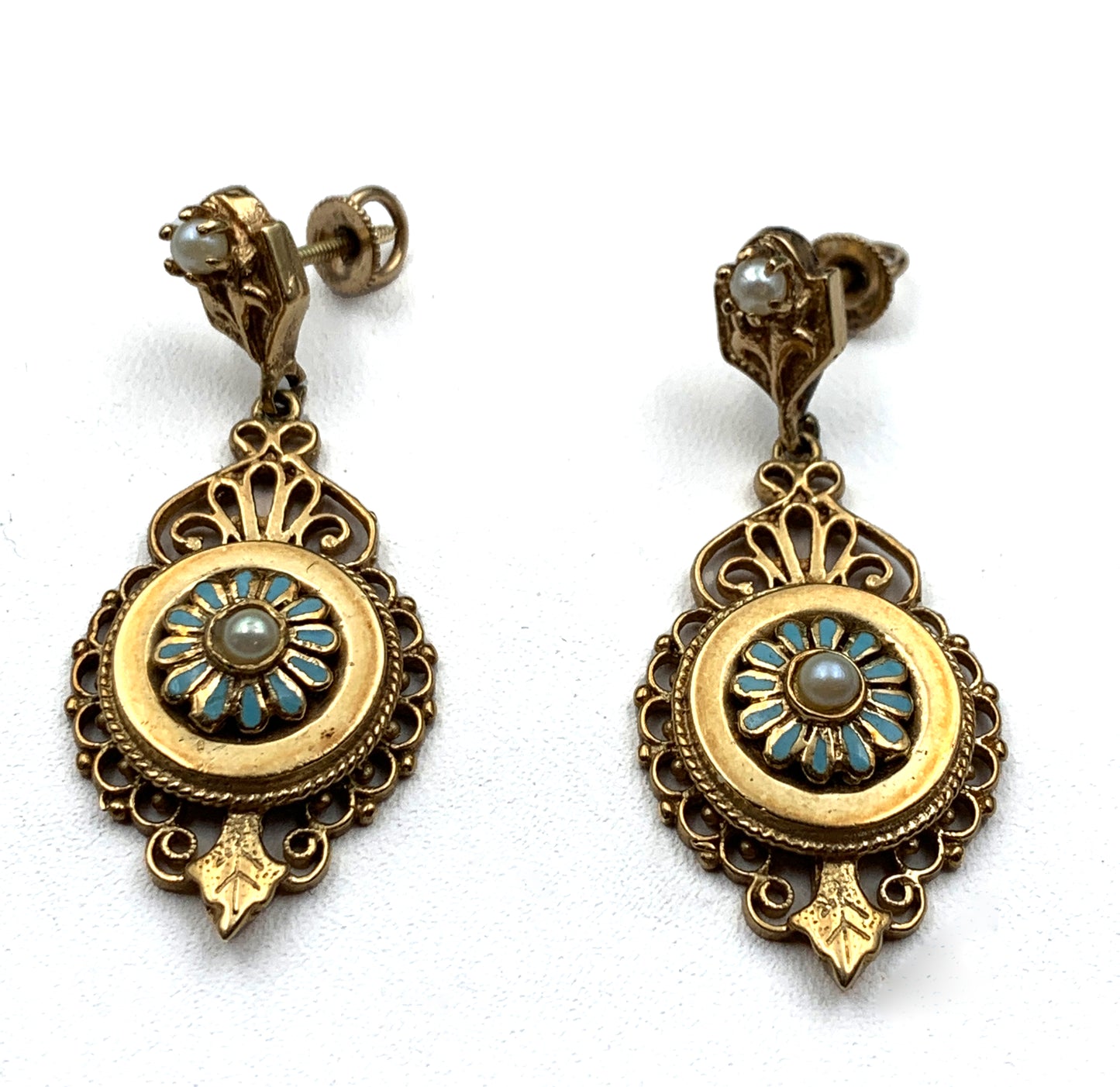 Antique Italian 14K, Pearl & Enamel Earrings