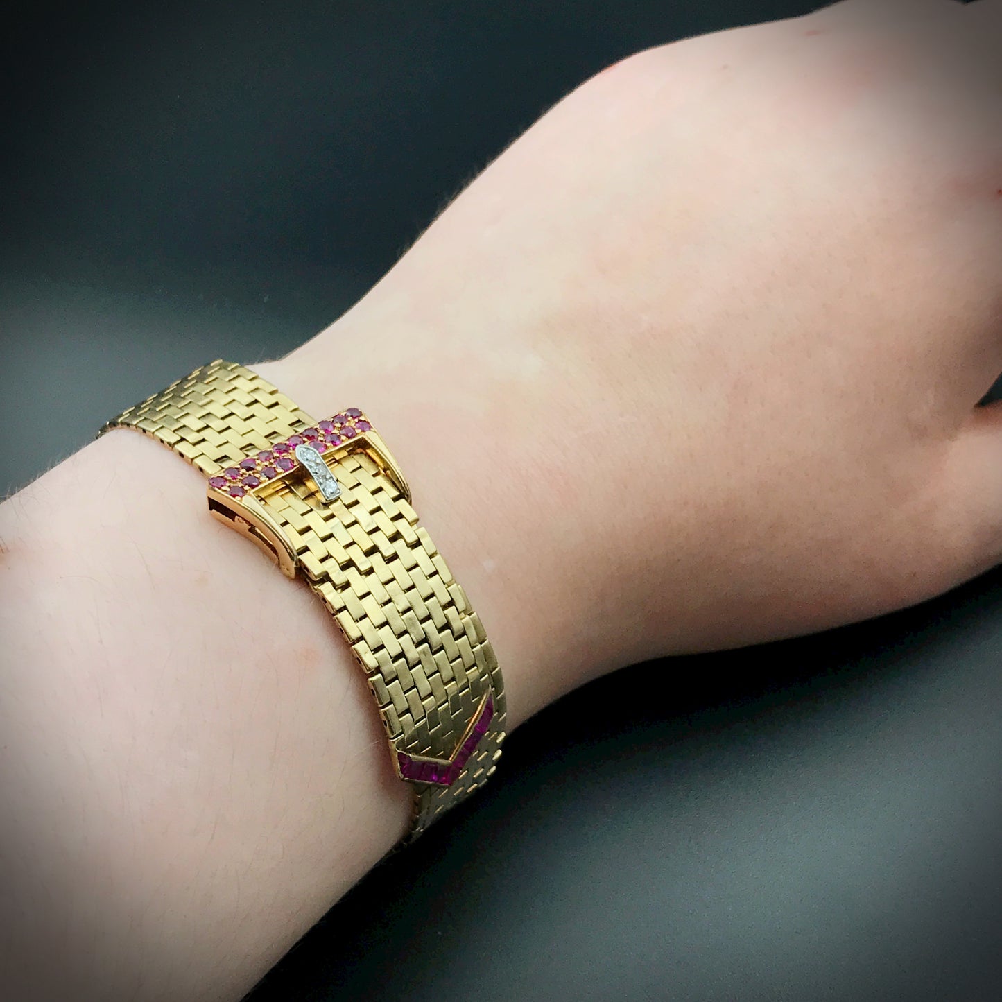 SOLD Retro 14K, Diamond & Ruby Buckle Bracelet