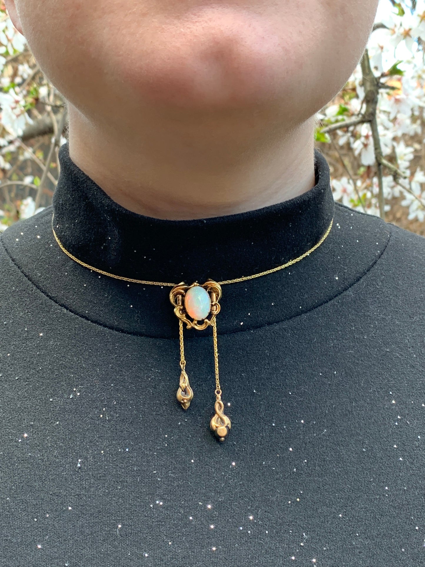 SOLD Antique Art Nouveau 14K & Opal Rococo Frame Double Lariat Pendant Necklace