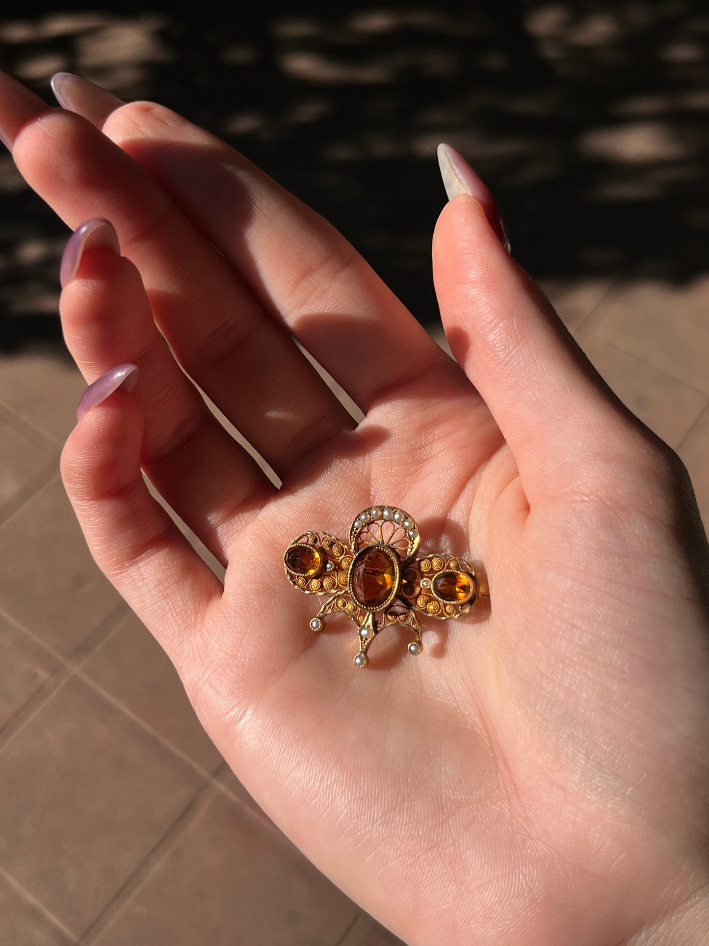 Antique Swiss 18K, Citrine & Seed Pearl Brooch