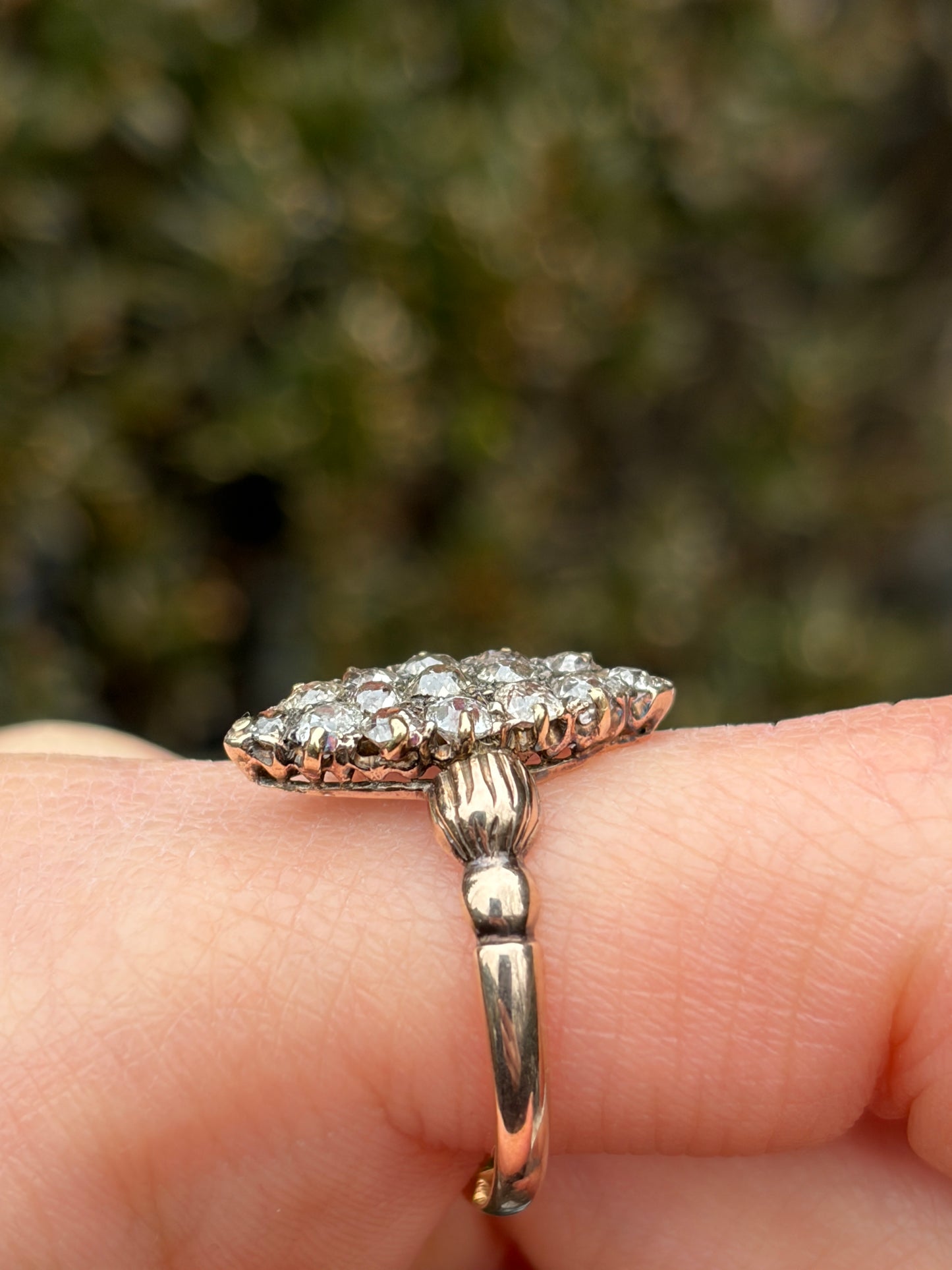 Antique 18K, Silver & Diamond Navette Dinner Ring