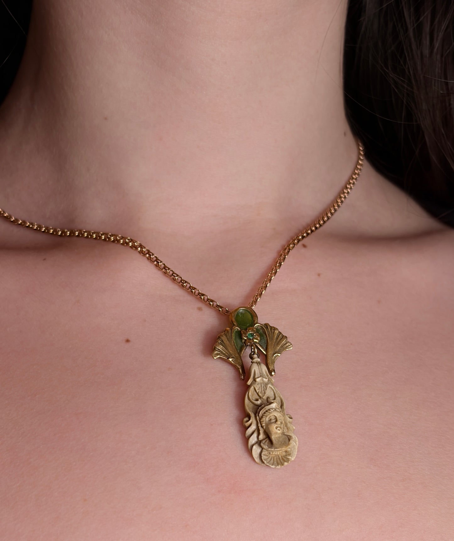 Antique Art Nouveau 14K Plique A Jour & Lava Cameo Upcycled Pendant