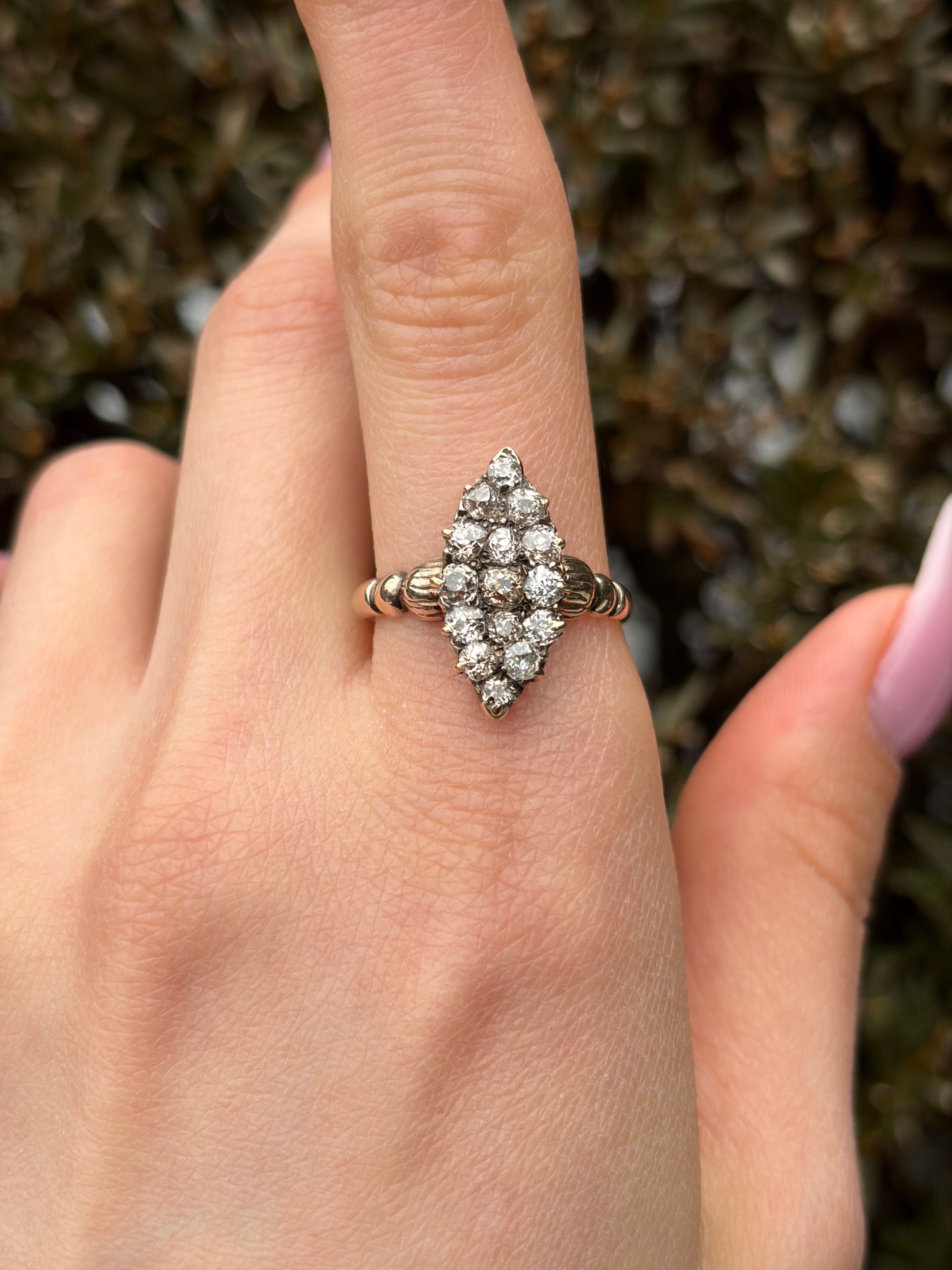 Antique 18K, Silver & Diamond Navette Dinner Ring