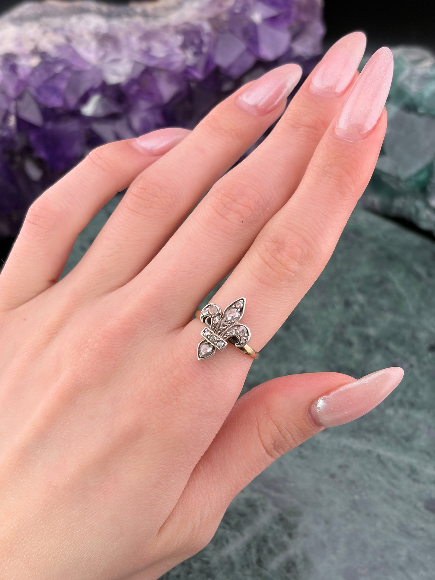 SOLD Antique Belle Epoque 20K, Platinum & Diamond Fleur de Lis Ring