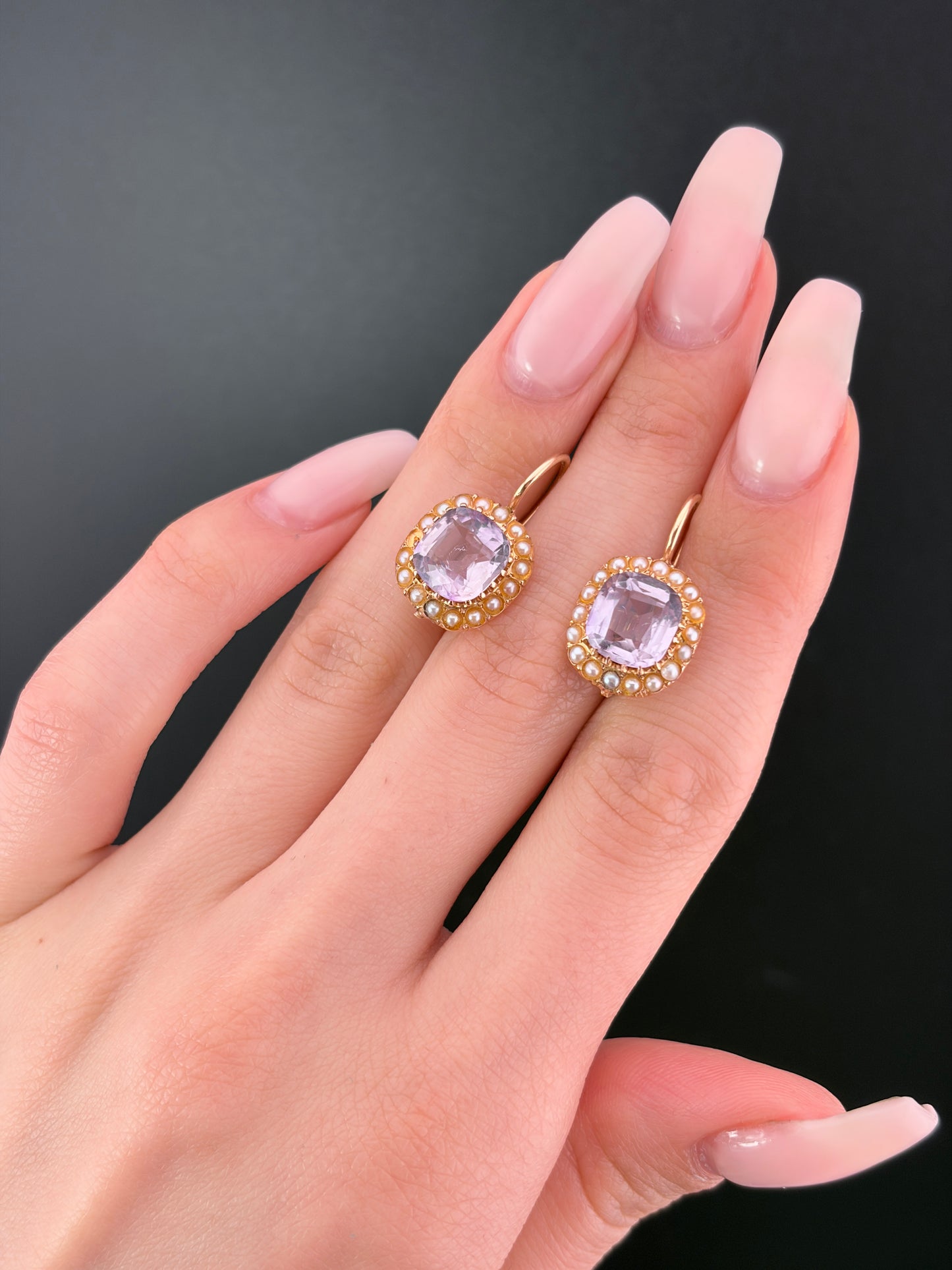 Antique 18K, Amethyst & Seed Pearl Earrings