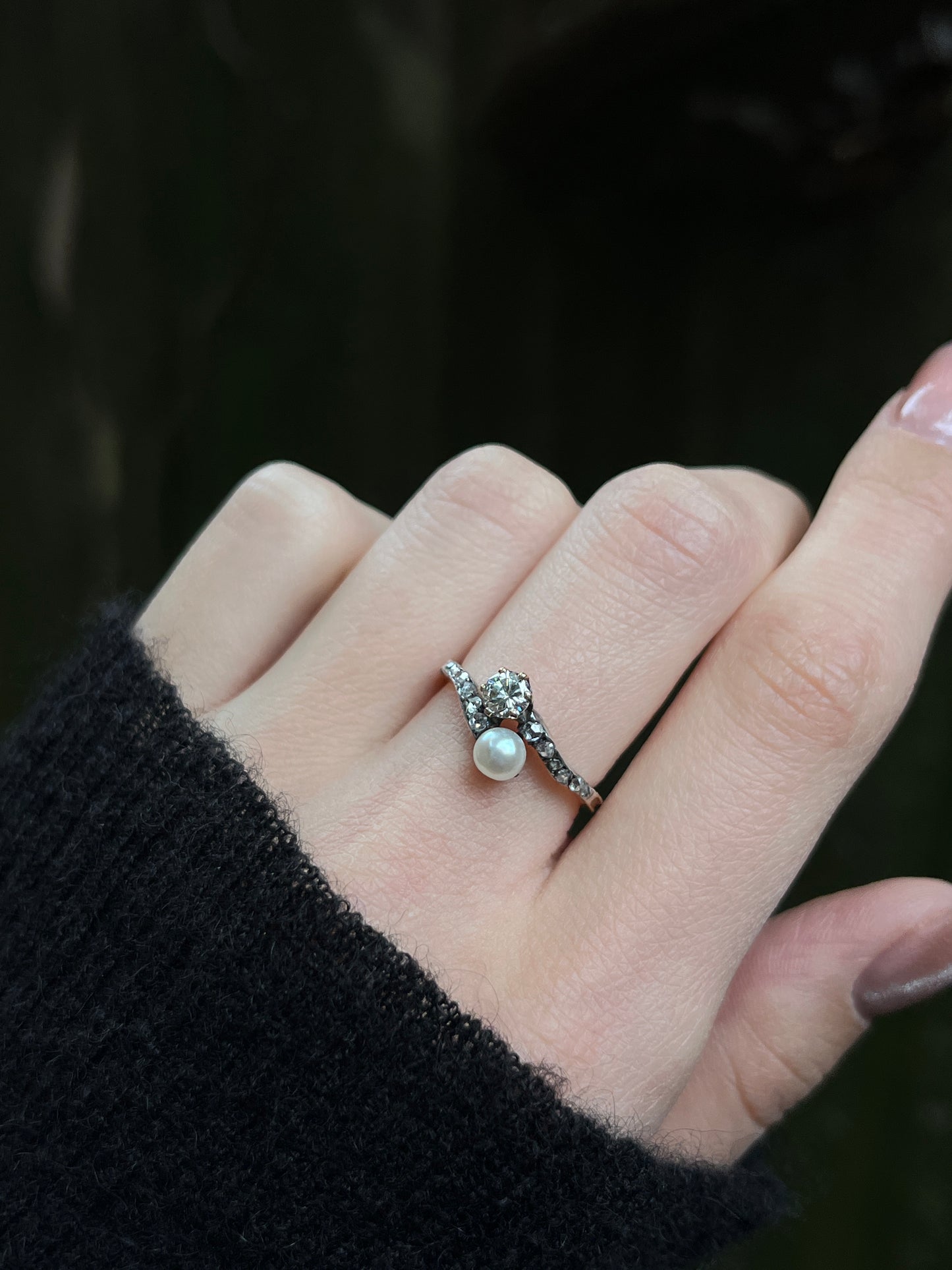 Antique French 18K, Silver, Diamond & Pearl Toi Et Moi Ring