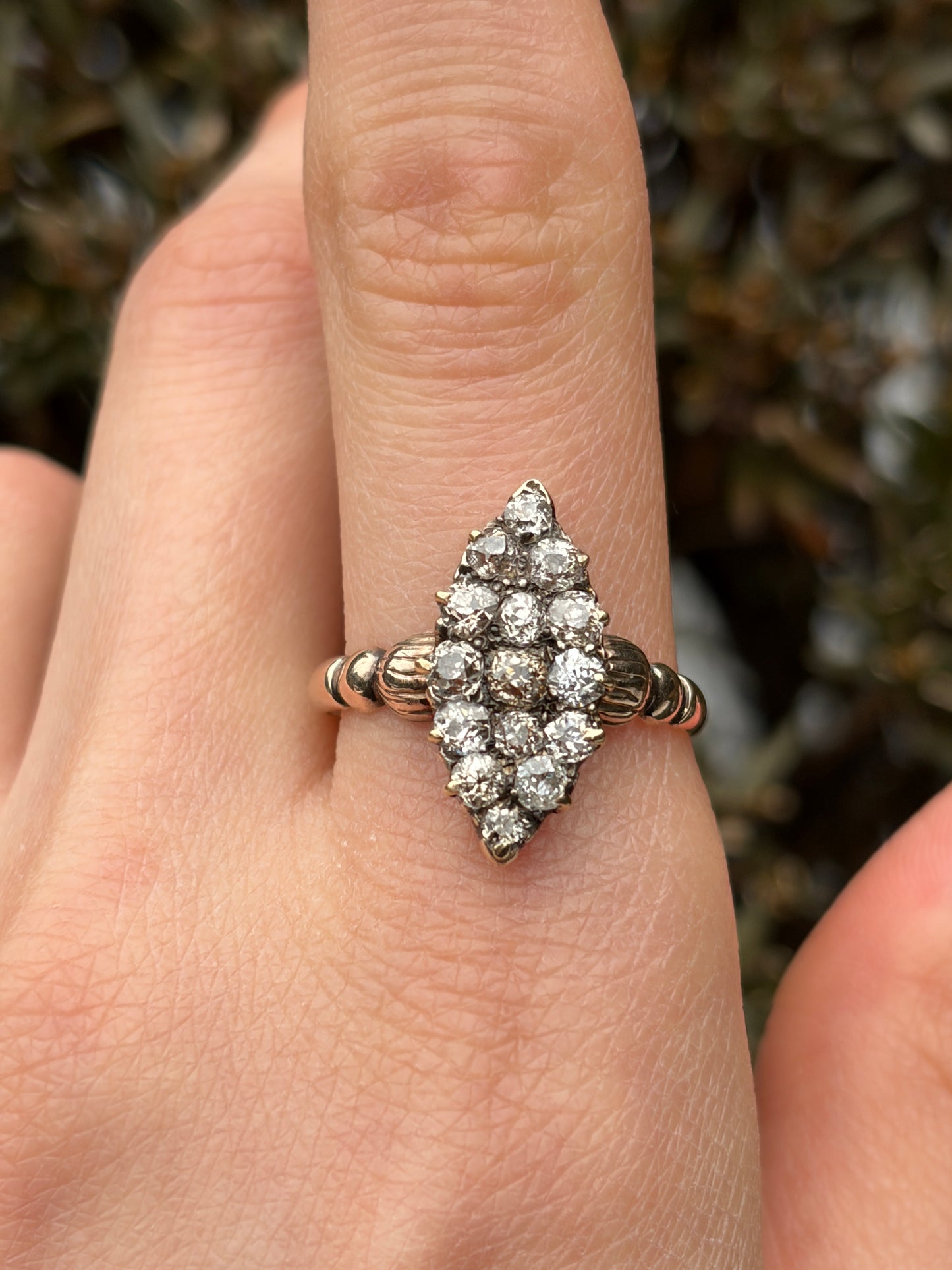 Antique 18K, Silver & Diamond Navette Dinner Ring