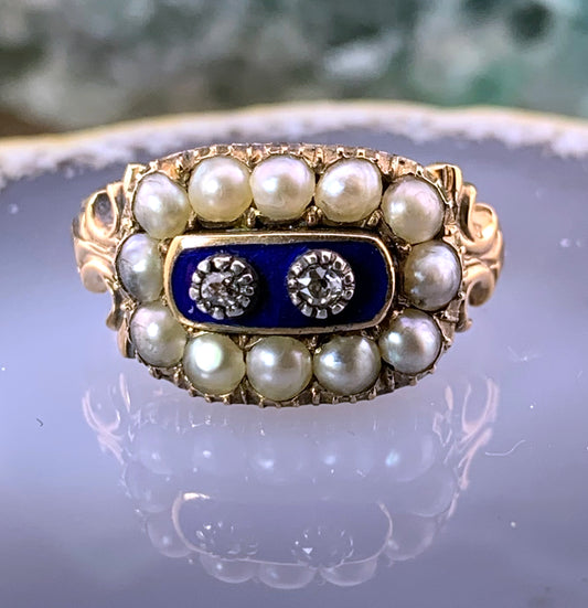 Antique 14K, 10K, Silver, Diamond, Seed Pearl & Enamel Conversion Ring