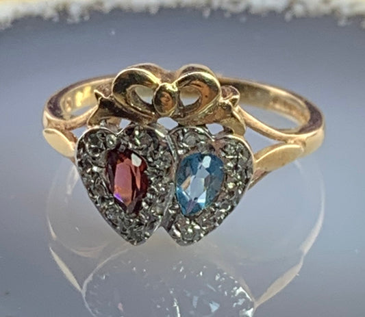 Vintage 9K, Diamond, Amethyst & Aquamarine Double Heart Ring