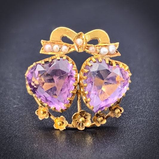 SOLD Antique 18K, Amethyst & Seed Pearl Double Heart Ring