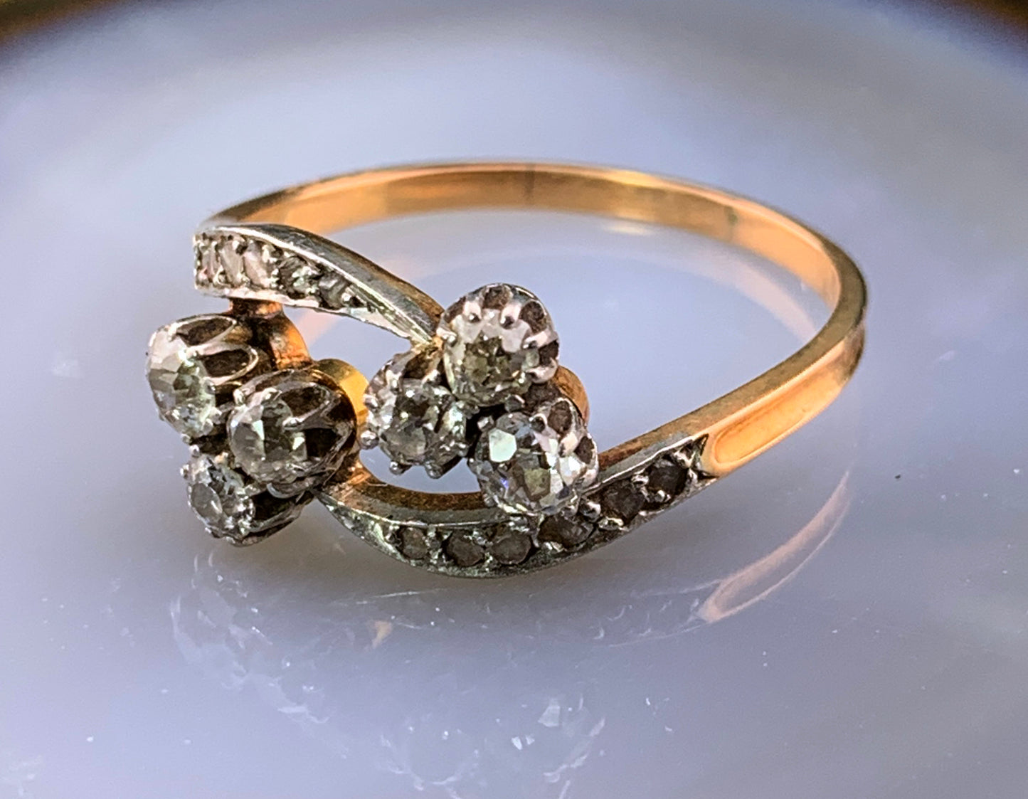 Antique French 18k, Silver & Diamond Double Clover Ring