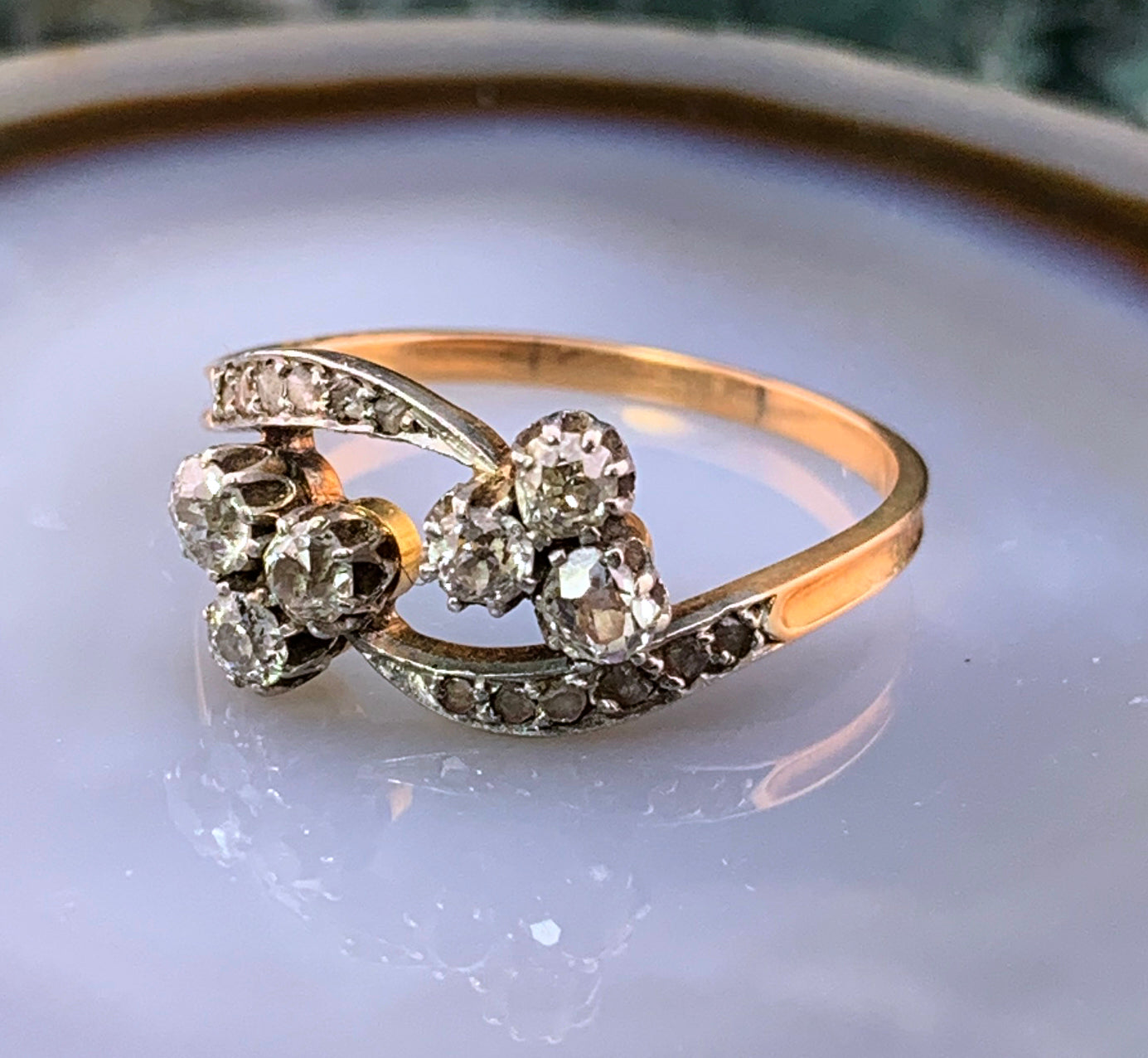 Antique French 18k, Silver & Diamond Double Clover Ring