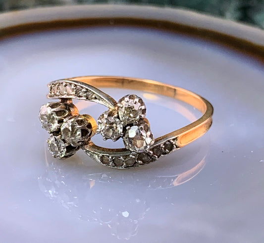 Antique French 18k, Silver & Diamond Double Clover Ring