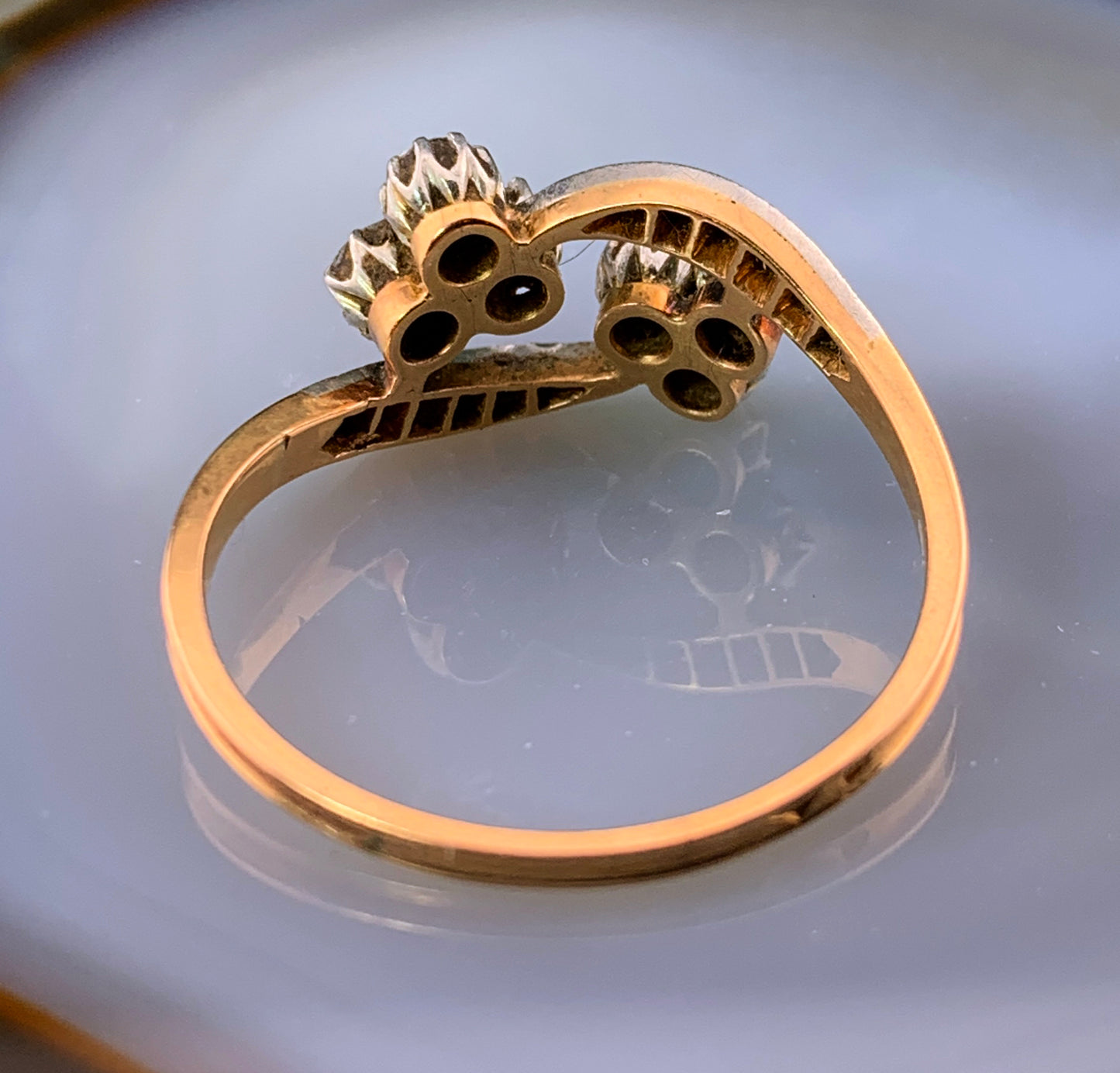 Antique French 18k, Silver & Diamond Double Clover Ring