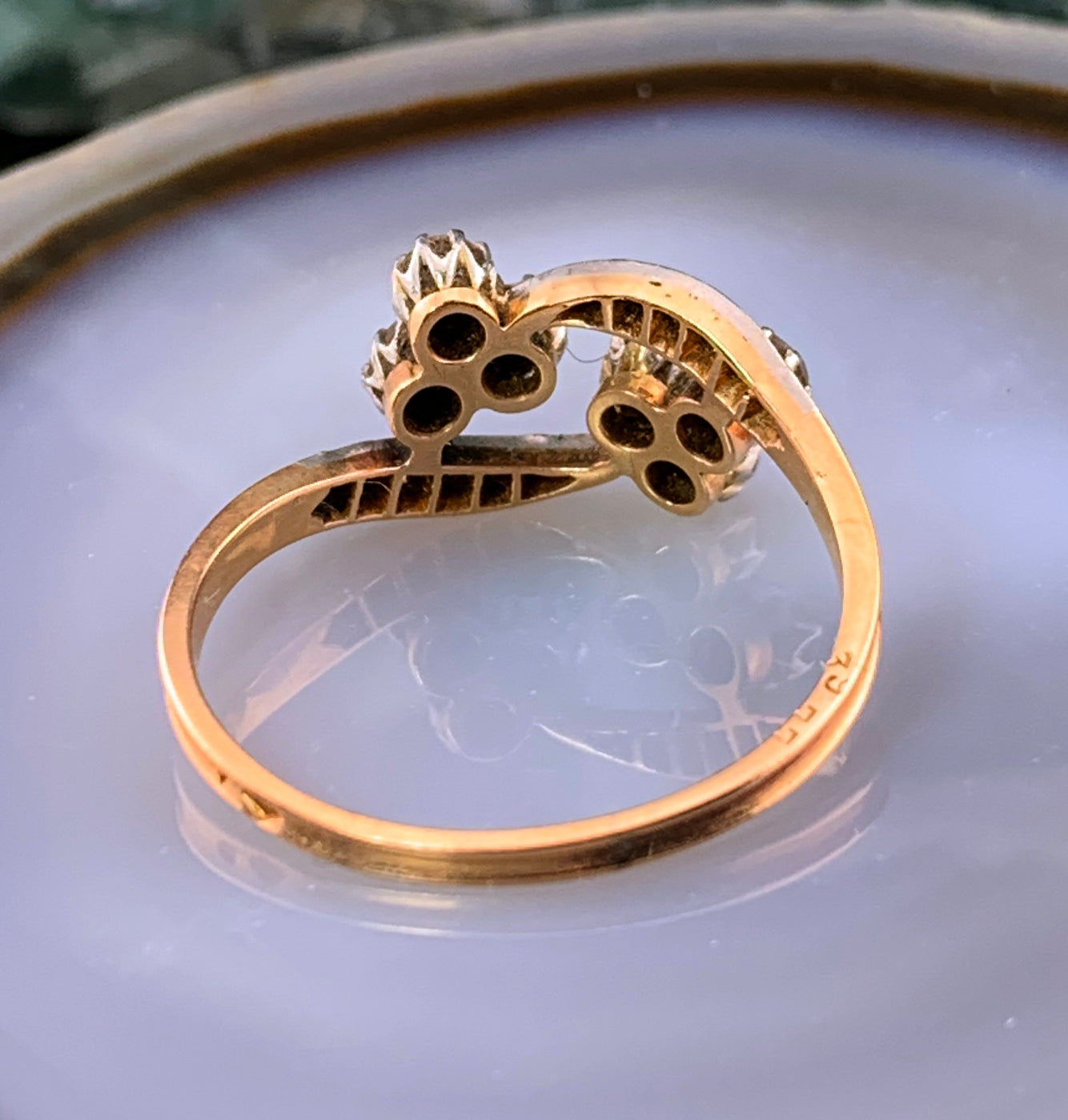 Antique French 18k, Silver & Diamond Double Clover Ring